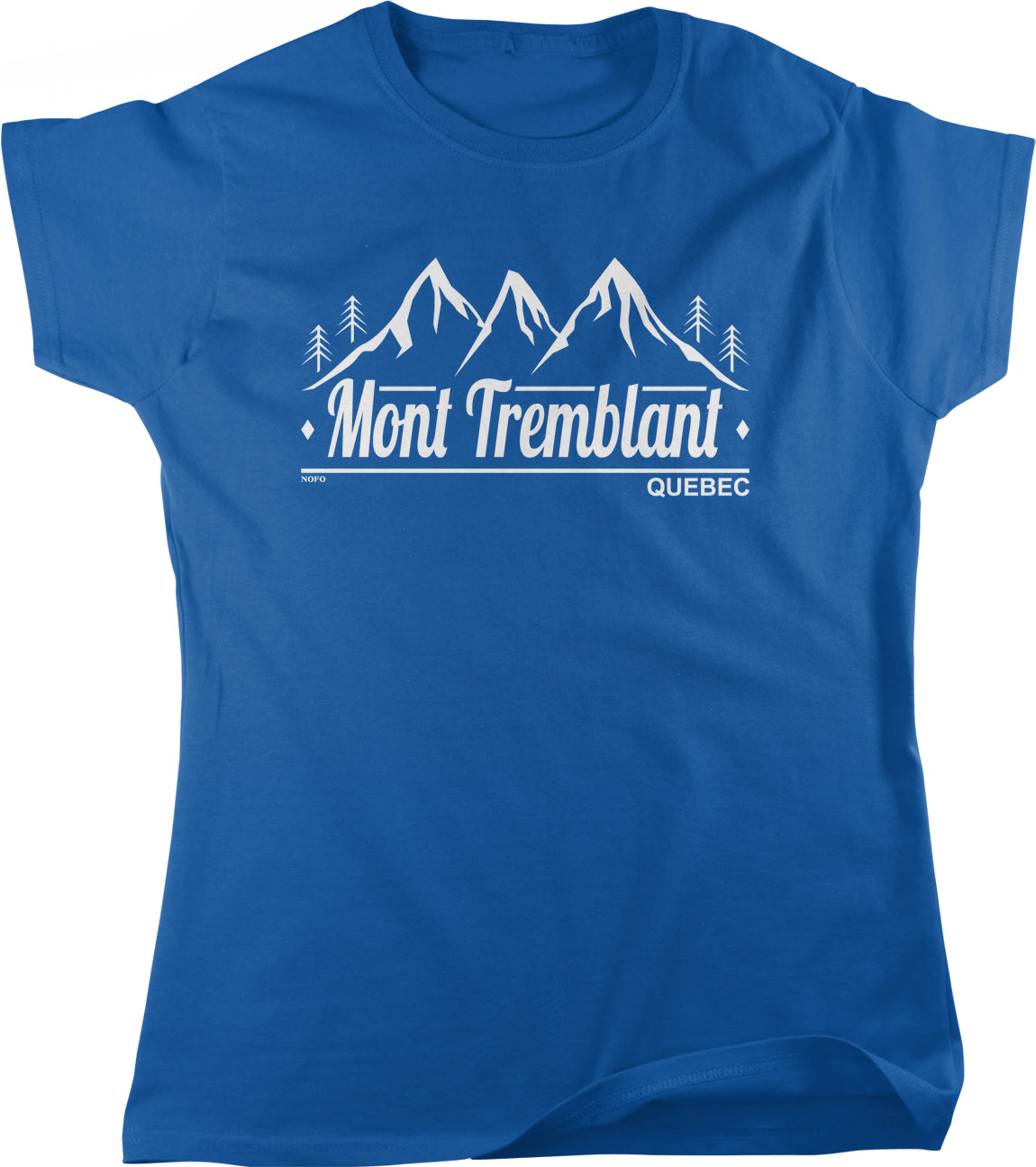 A blue t-shirt with the text "Mont Tremblant" and "Quebec" printed on it, along with a mountain silhouette.