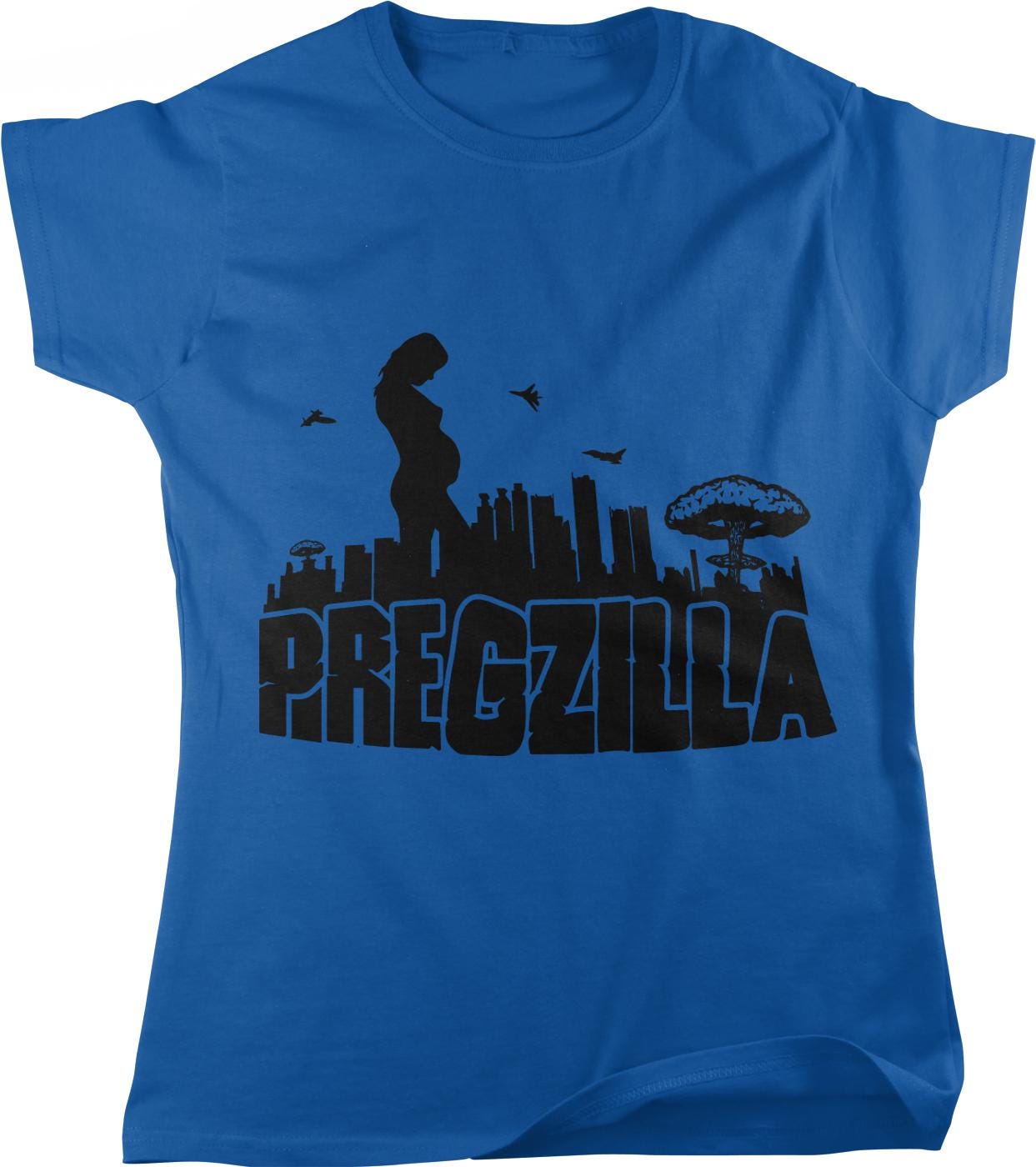 A blue t-shirt with a graphic design featuring a silhouette of a person and a city skyline.