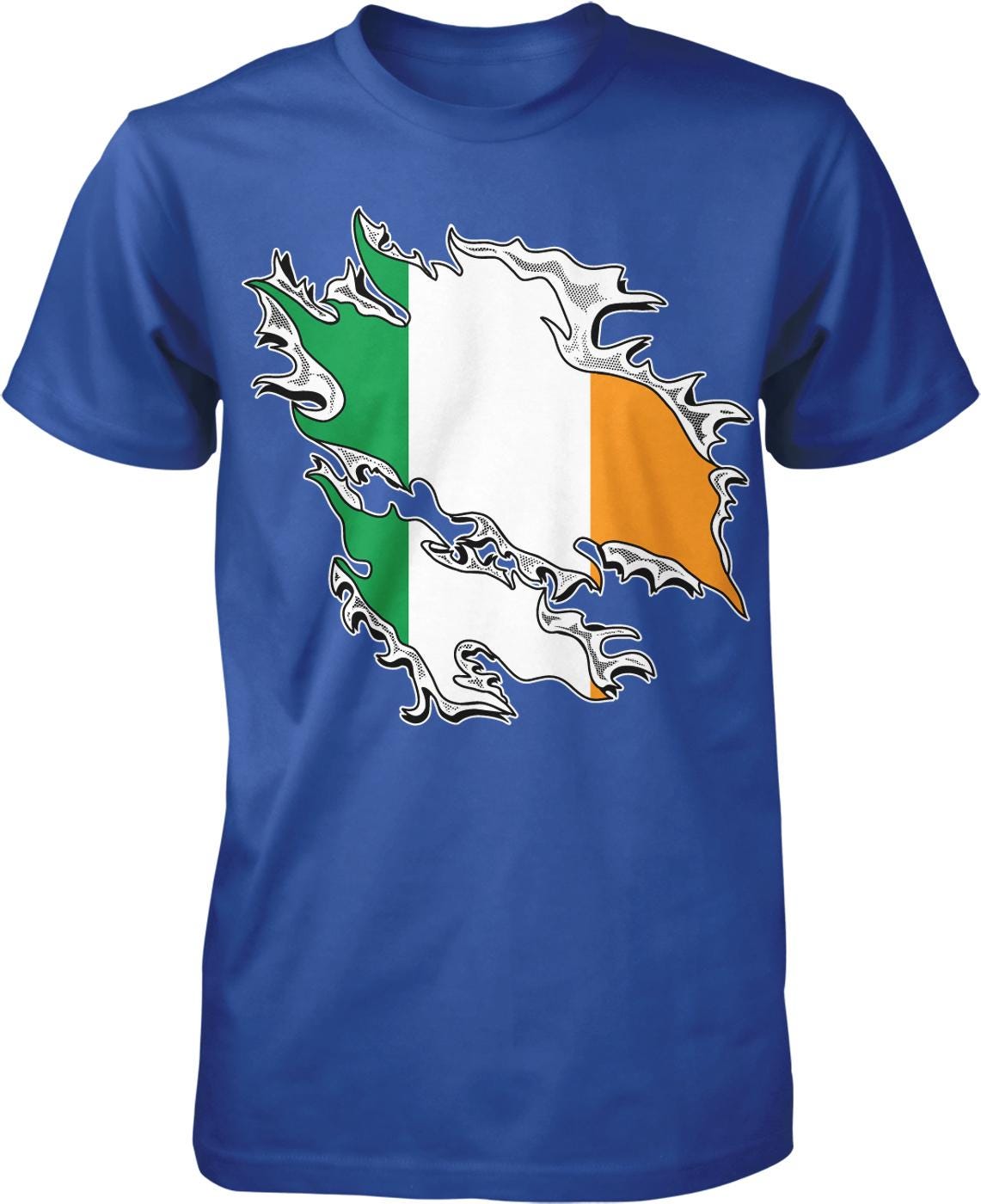 A blue t-shirt with a graphic design depicting the flag of Ireland, which consists of three horizontal stripes in green, white, and orange.