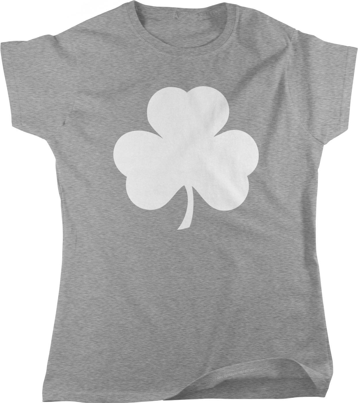 A gray t-shirt with a white clover graphic printed on it.