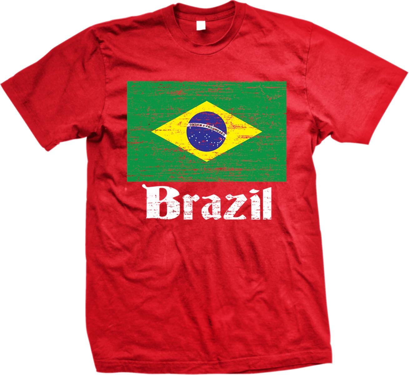 A red t-shirt with the word "Brazil" printed on it, along with the Brazilian flag.