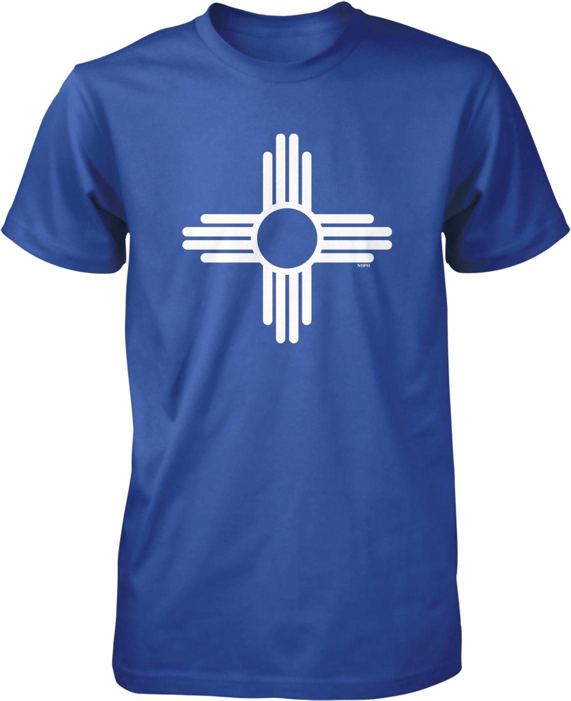 A blue t-shirt with a white graphic design on it.