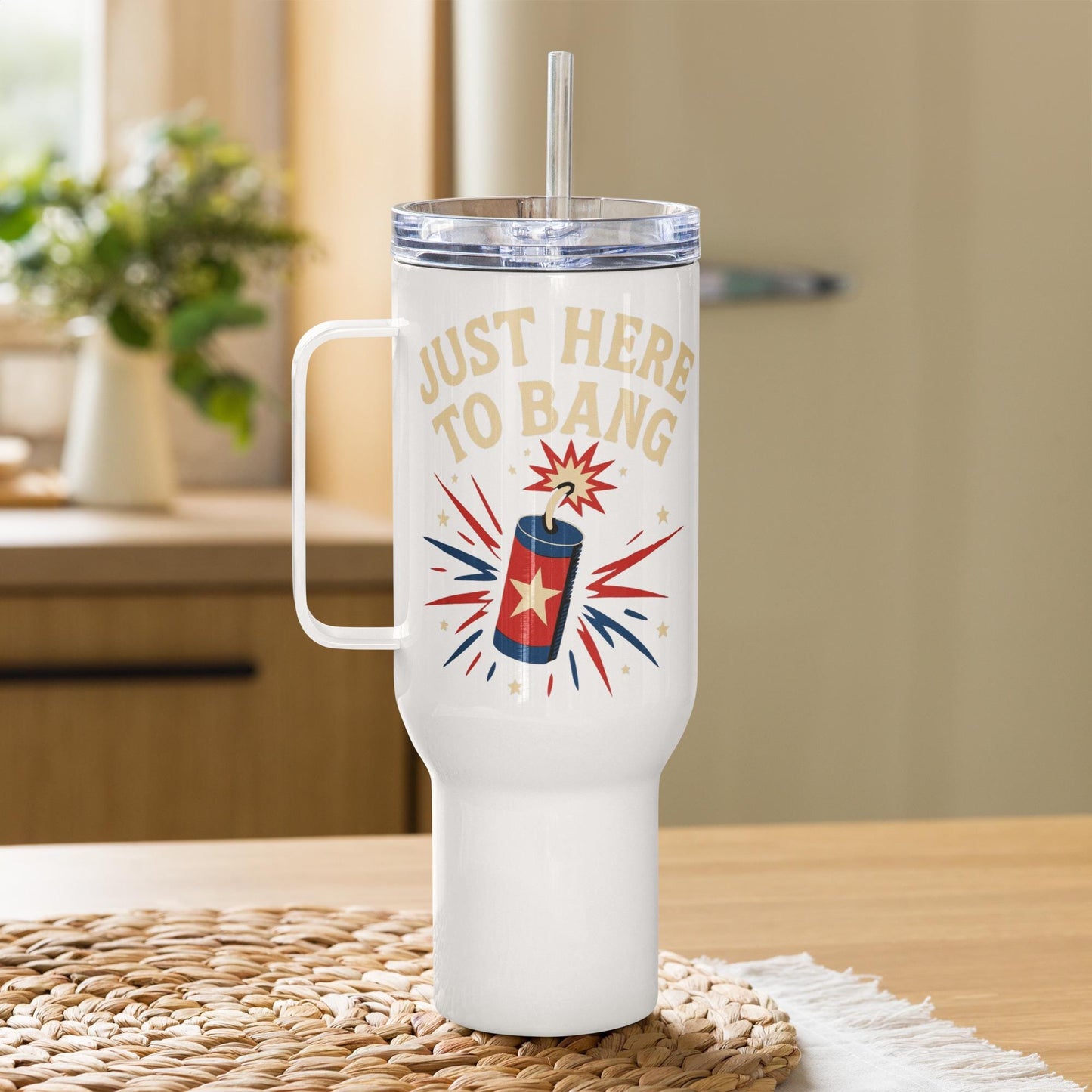 just here to bang july 4th bbq gear Travel mug with a handle