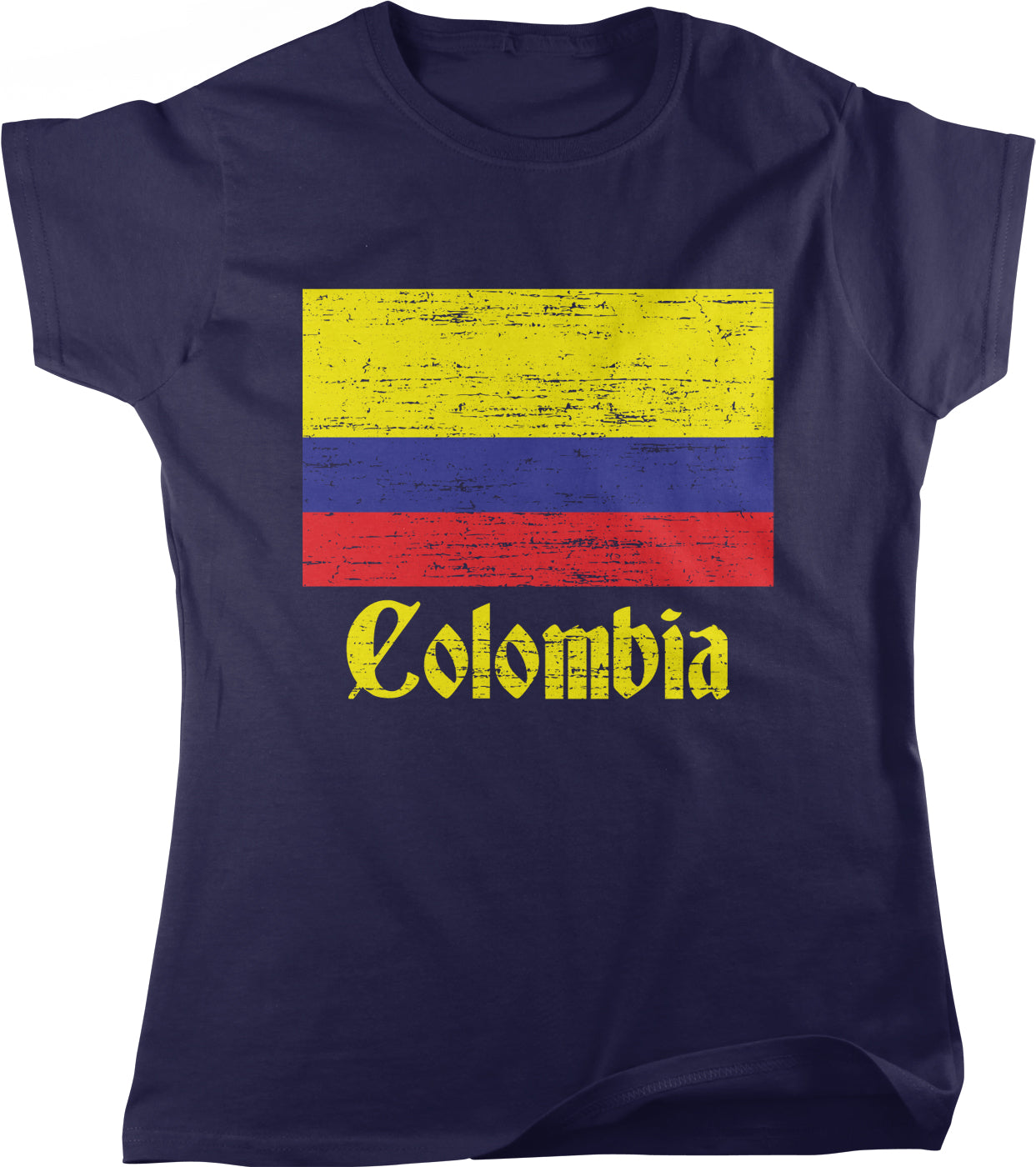 A dark blue t-shirt with a graphic design featuring the flag of Colombia and the word "Colombia" printed on it.