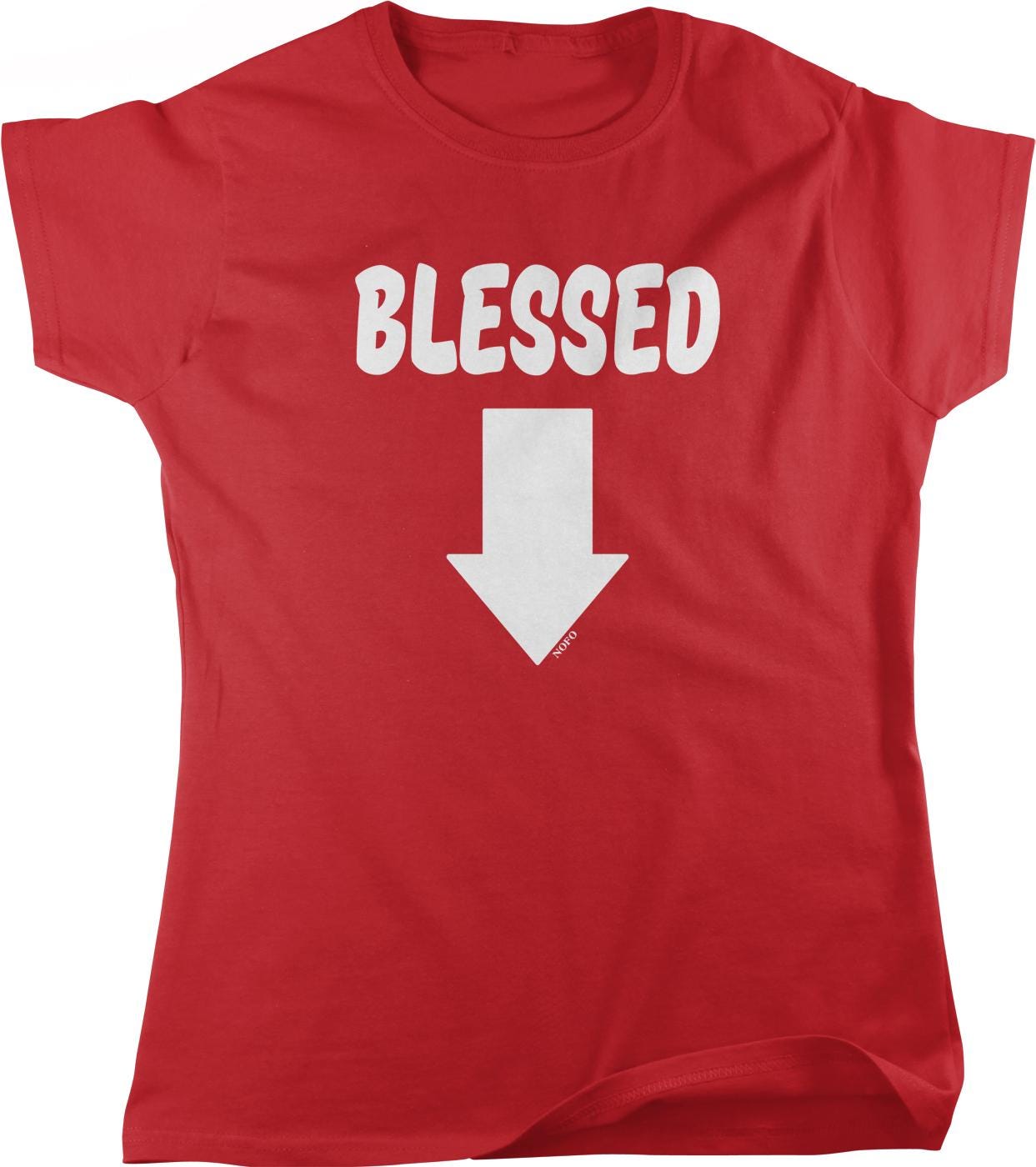 A red t-shirt with the text "BELLESSED" and a white downward-pointing arrow printed on it.