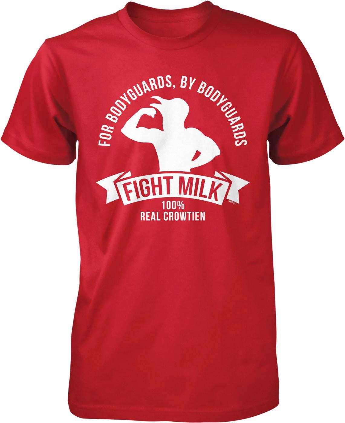 A red t-shirt with a white graphic design and text on it.