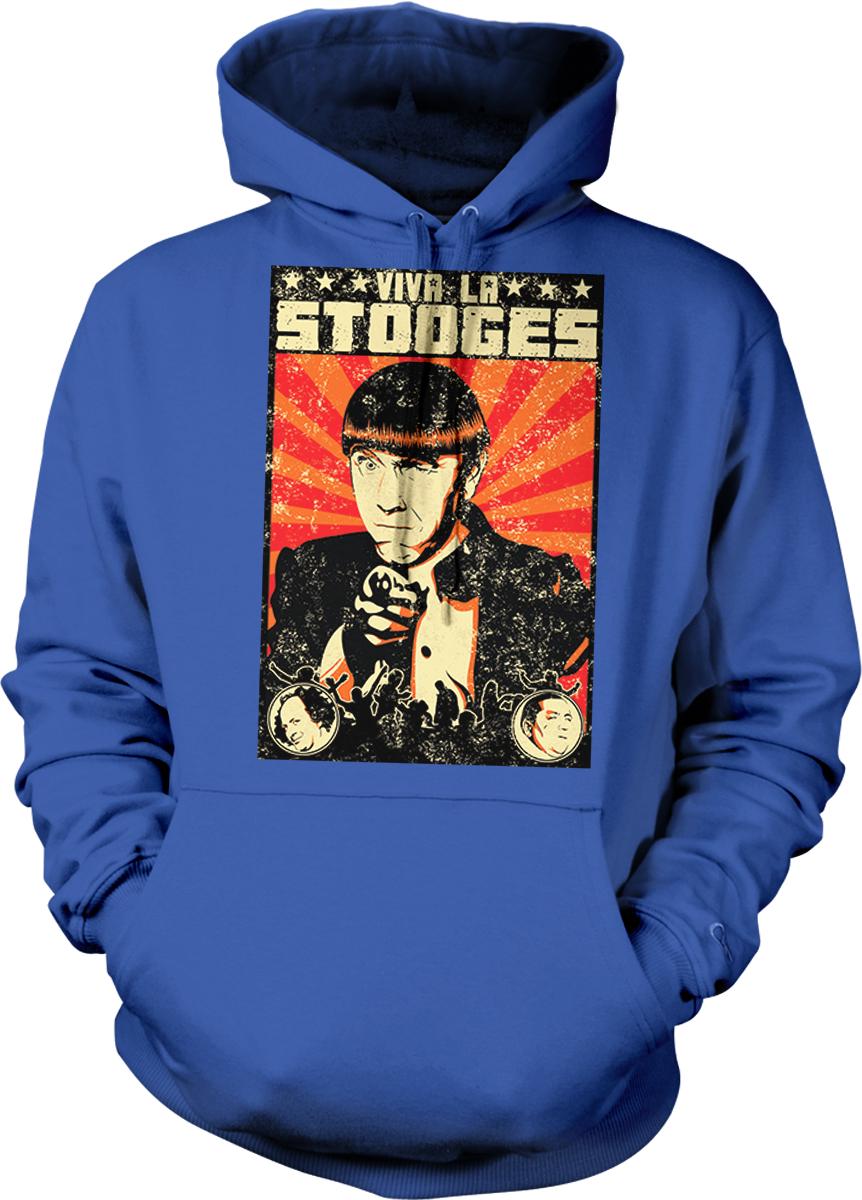 A blue hoodie with a graphic design featuring a portrait of a man with a serious expression, along with the text "VIVA LA STOGES" prominently displayed.