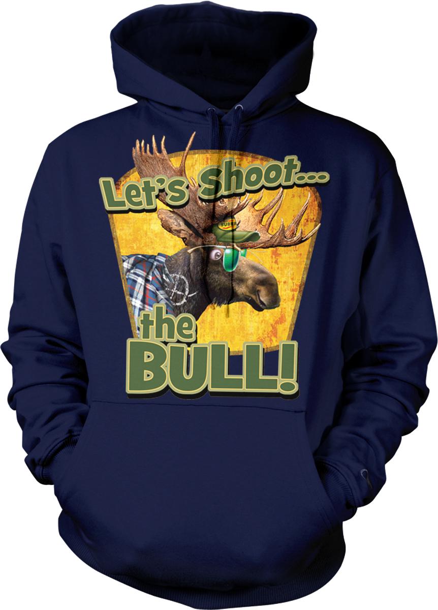 A hoodie with a graphic design featuring a moose wearing sunglasses and the text "Let's shoot the bull!"