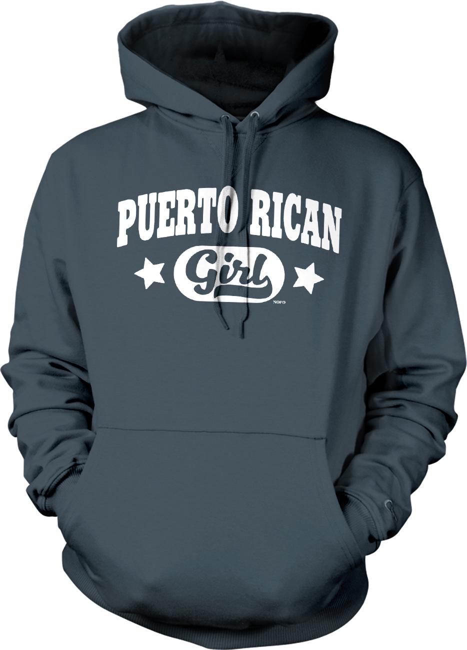 A dark grey hooded sweatshirt with the text "PUERTO RICAN GIRL" printed on it in white.