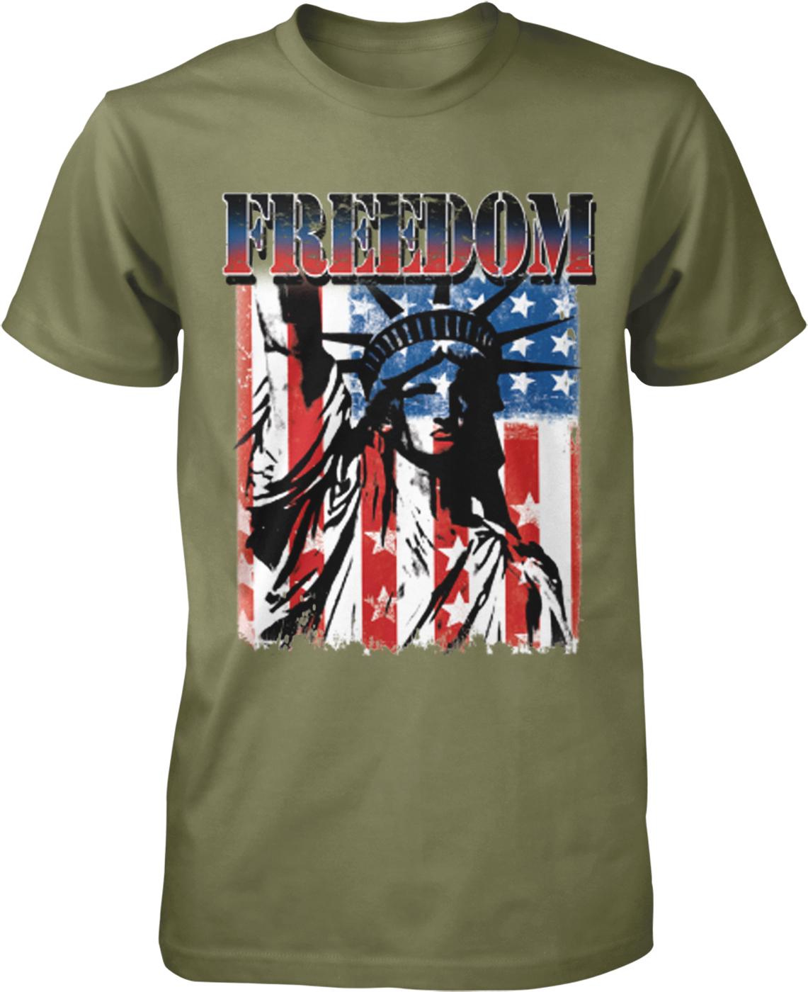 A t-shirt with a graphic design featuring the Statue of Liberty and the American flag, along with the word "FREEDOM" prominently displayed.