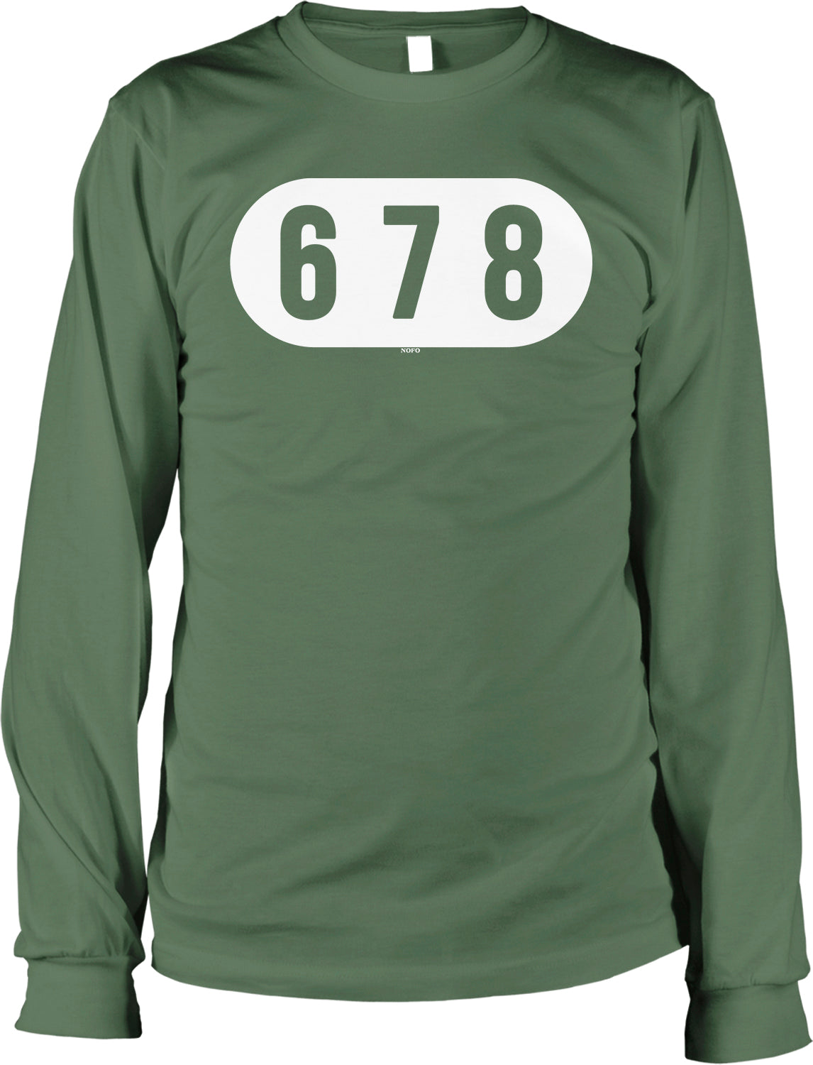 A green long-sleeved shirt with the number 678 printed on it.
