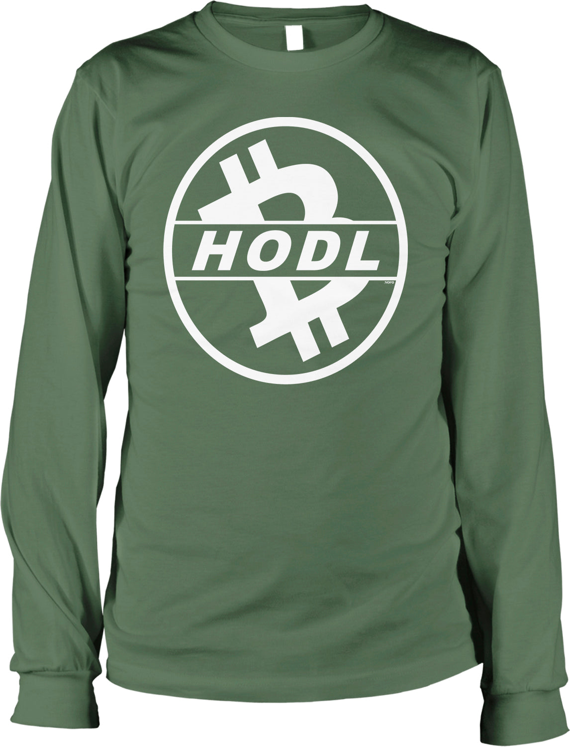 A long-sleeved green t-shirt with a white circular logo that says "HODL" inside it.