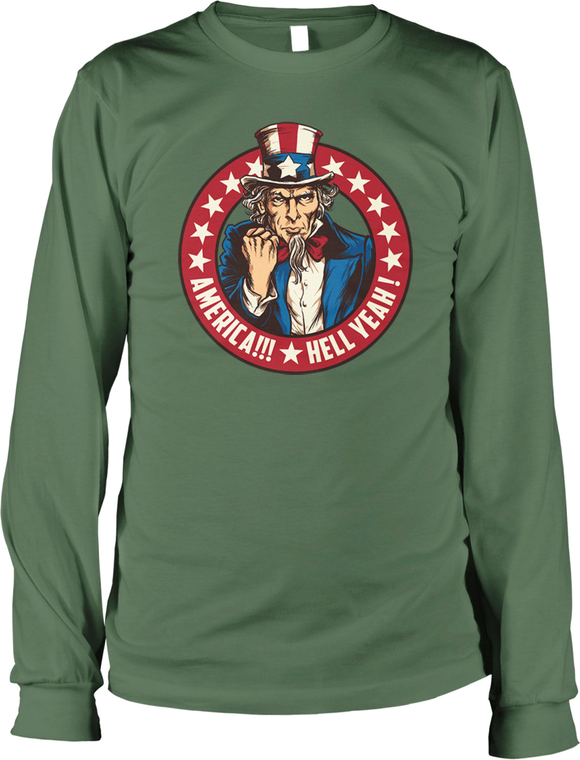 A green long-sleeved t-shirt with a graphic design featuring a cartoon character wearing a top hat and holding a sign that says "America!! Hell YEAH!".