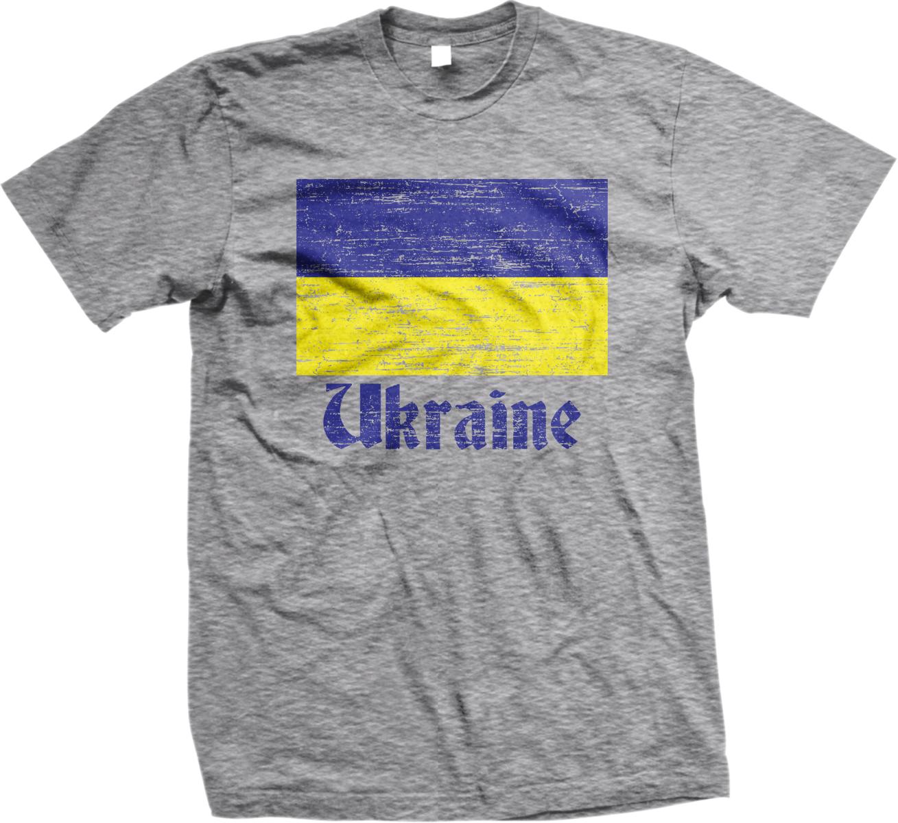 A gray t-shirt with a graphic design featuring the flag of Ukraine and the word "Ukraine" printed on it.