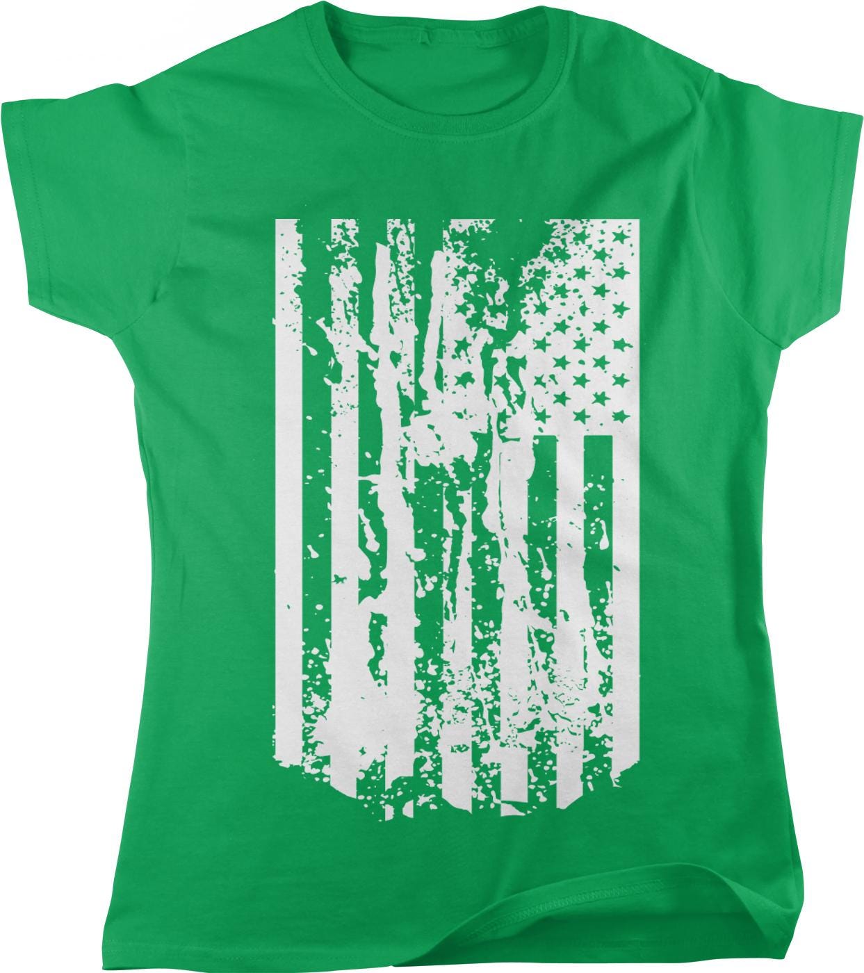 A green t-shirt with a white graphic design depicting a torn American flag.
