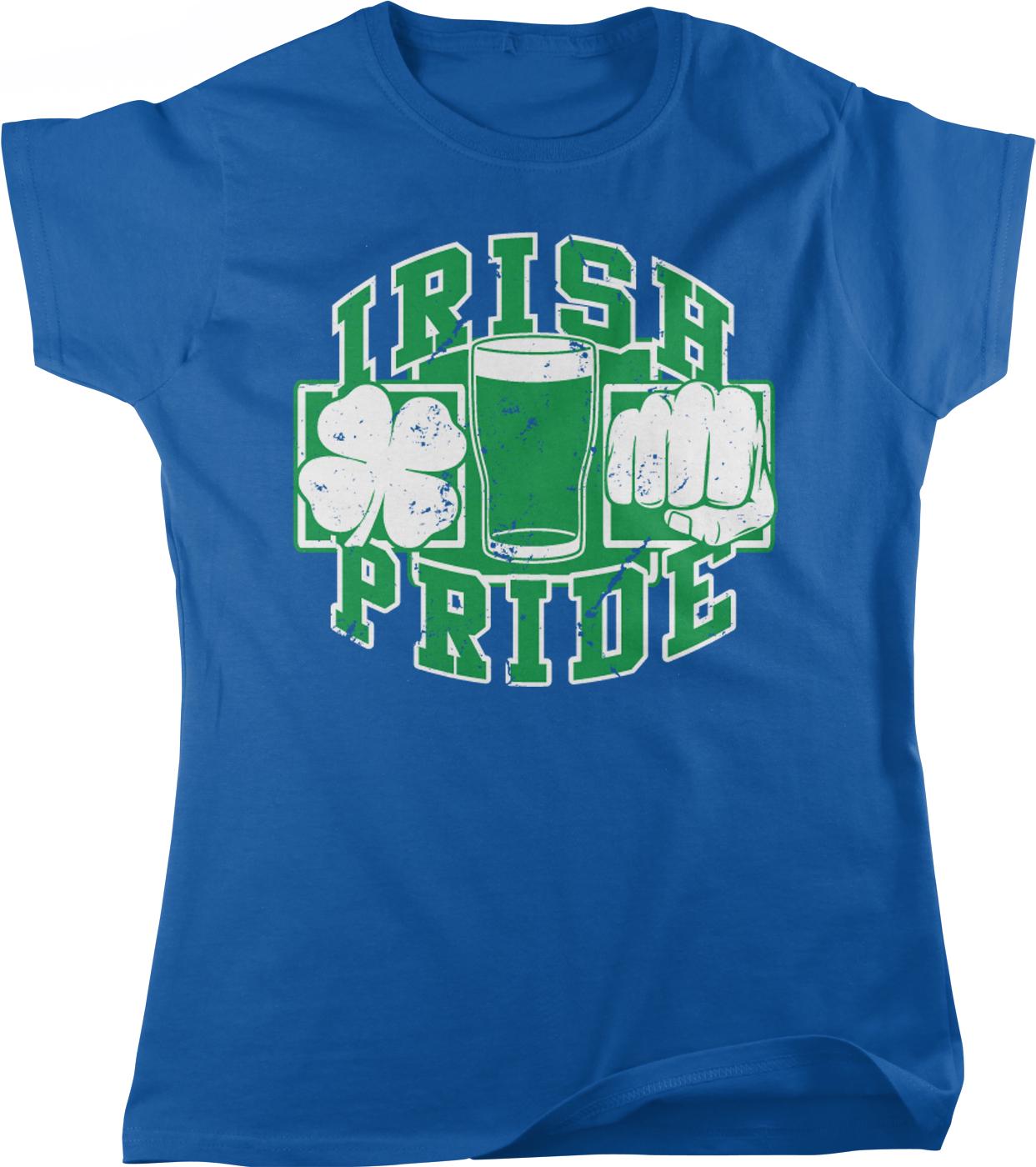 A blue t-shirt with a graphic design featuring a glass of beer, clovers, and the text "IRISH PRIDE" in a stylized font.
