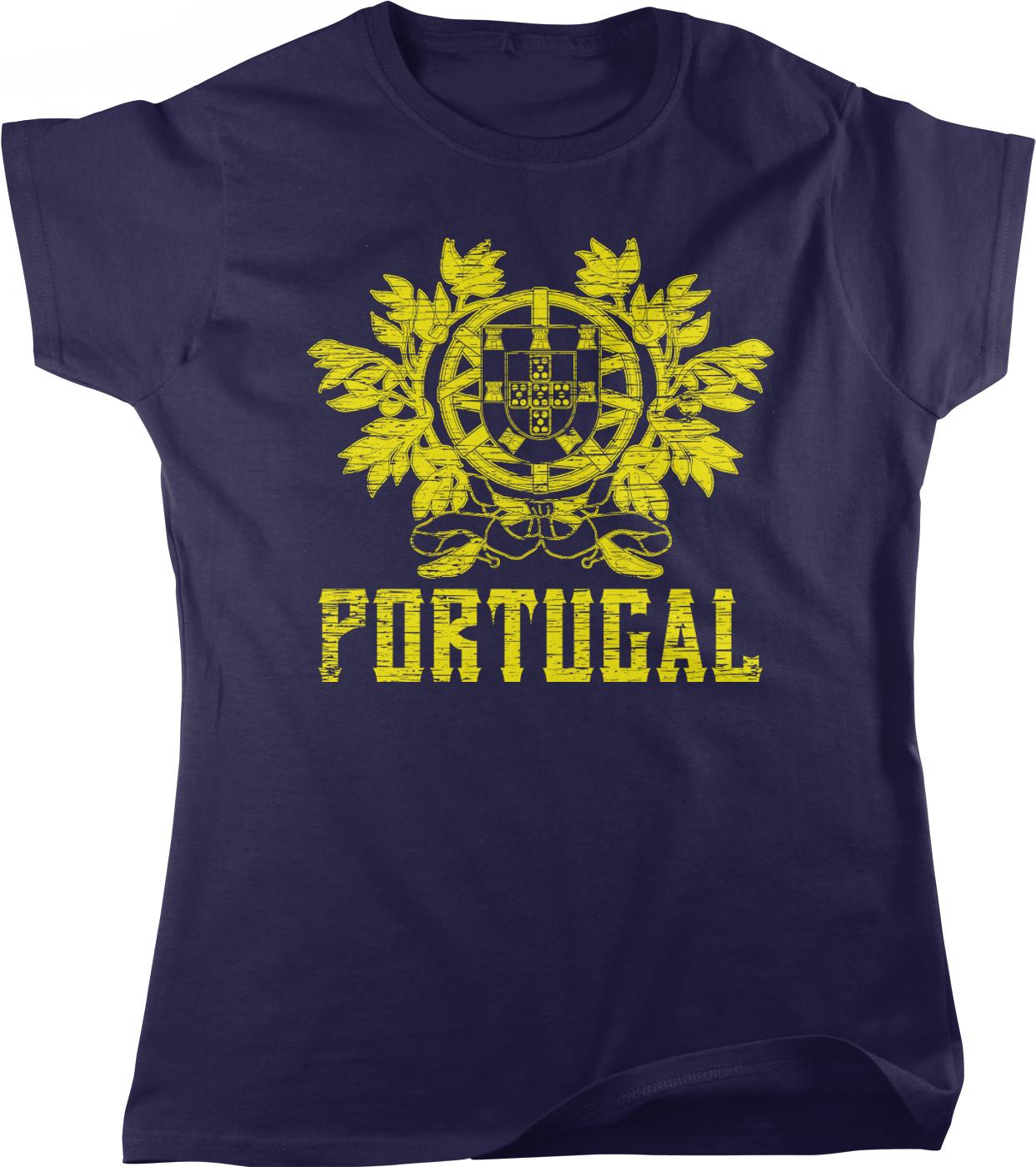 A navy blue t-shirt with a yellow graphic design depicting a coat of arms and the word "PORTUGAL" printed on it.