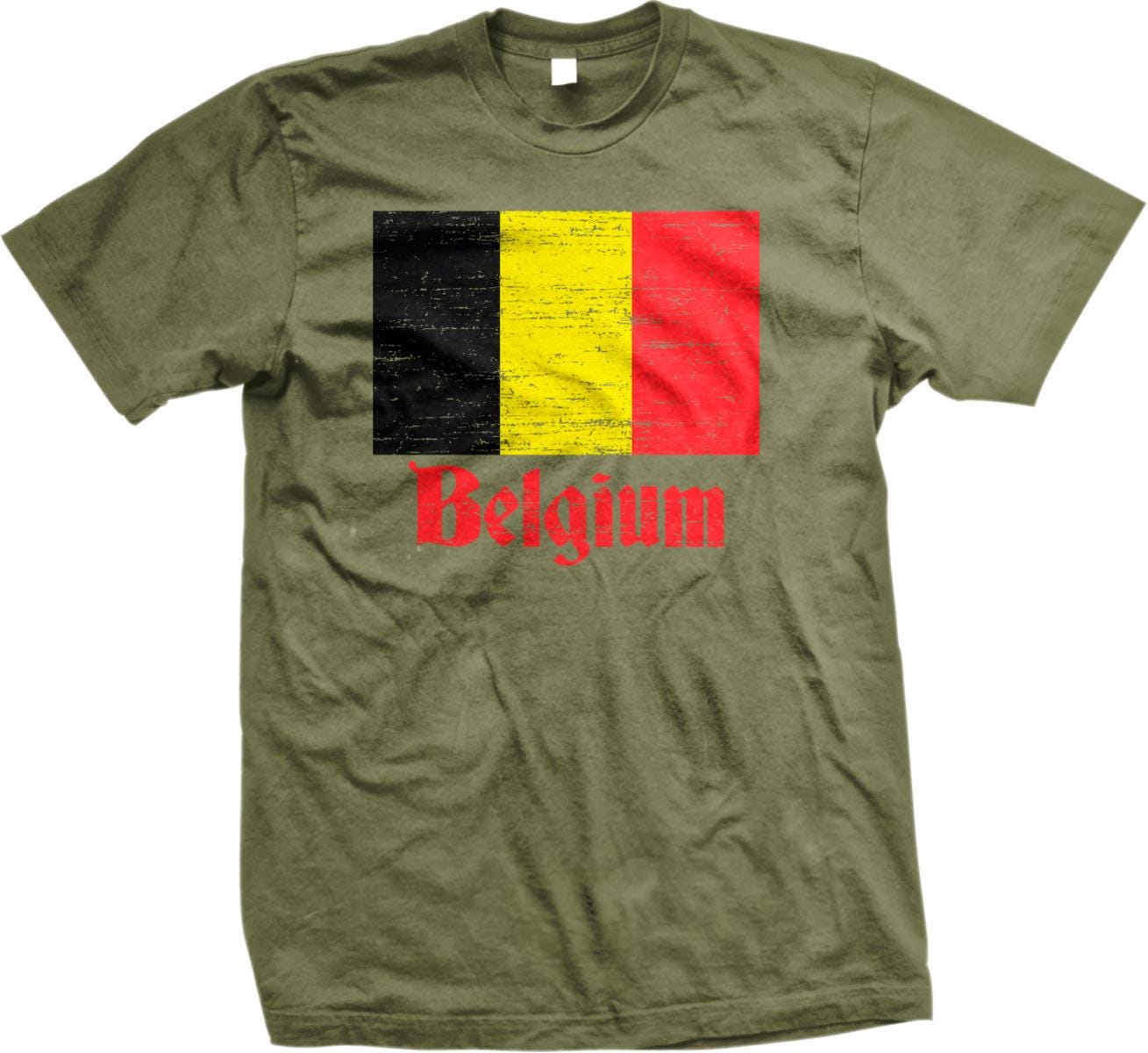 A green t-shirt with a graphic design of the Belgian flag and the word "Belgium" printed on it.