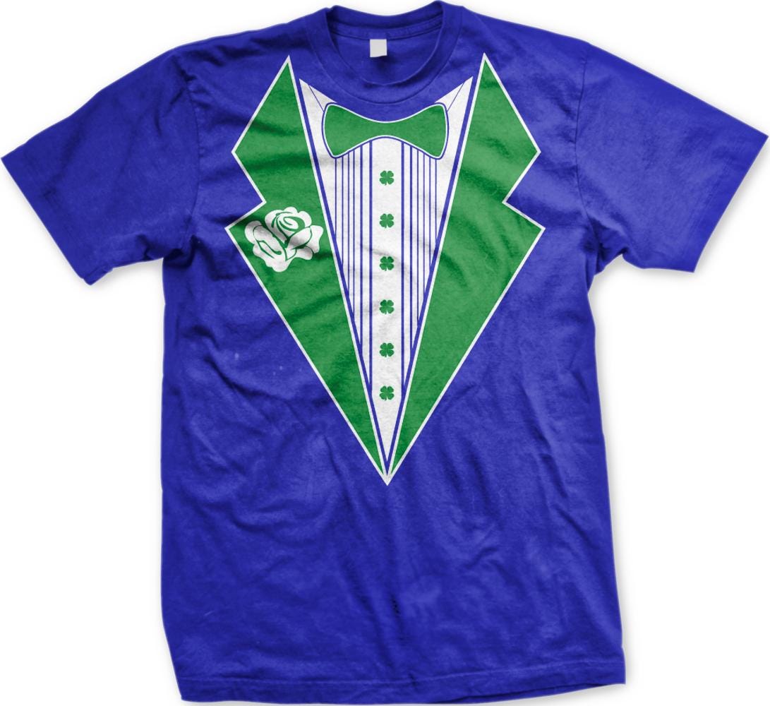 A blue t-shirt with a graphic design depicting a green and white tuxedo jacket with a bow tie and a rose on the left side.