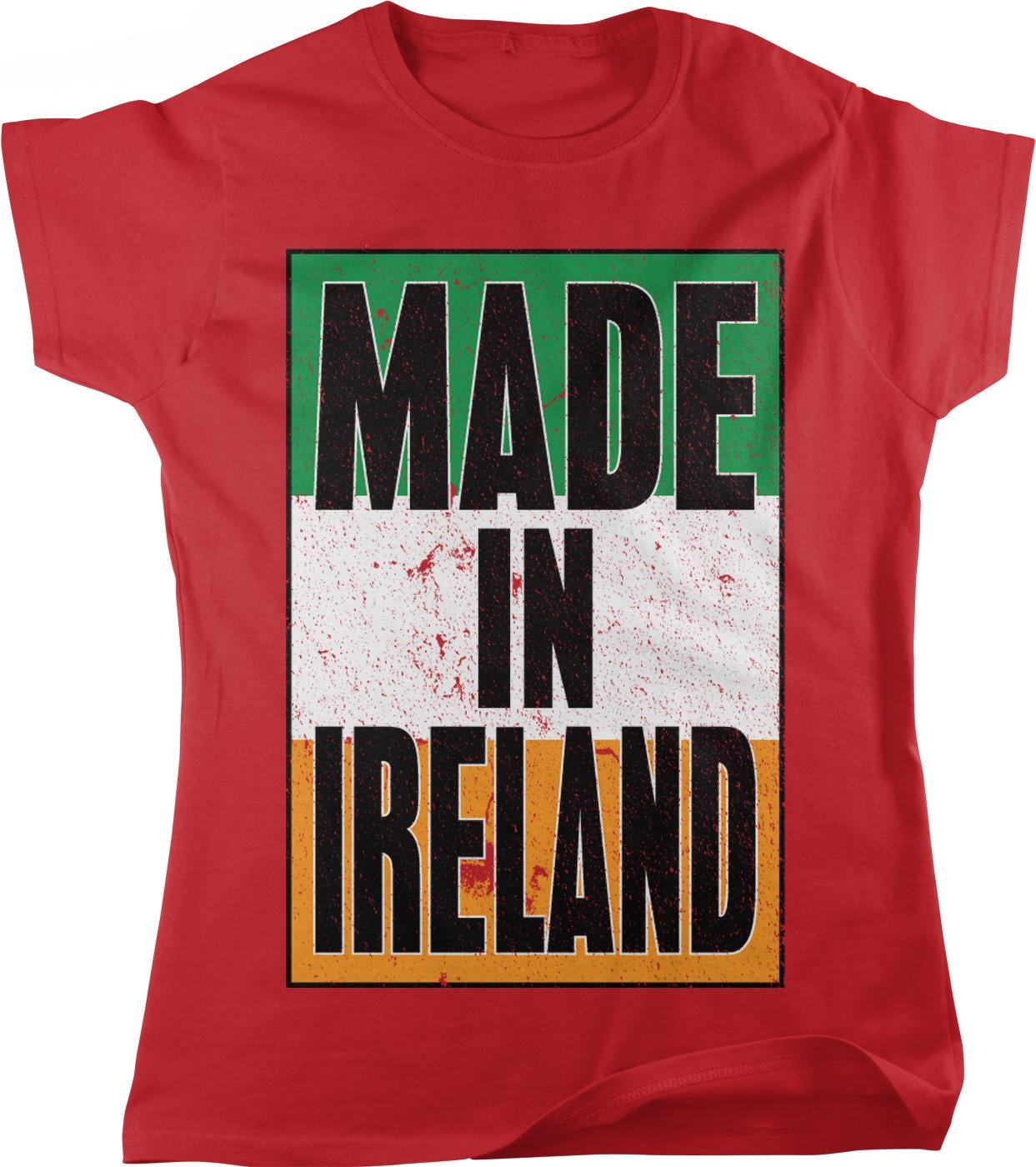 A red t-shirt with the text "MADE IN IRELAND" printed on it.