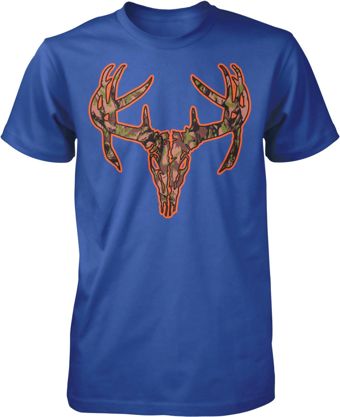 A blue t-shirt with a graphic design of a deer skull and antlers in orange and green colors.