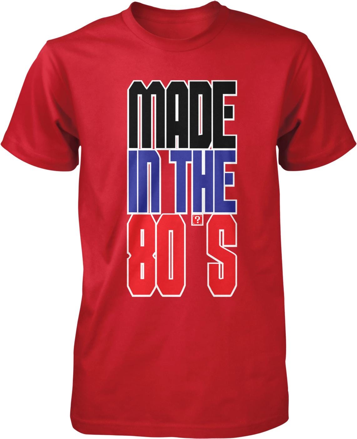 A red t-shirt with the text "MADE IN THE 80'S" printed on it.