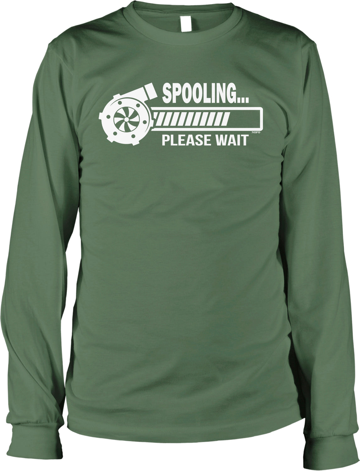 A green long-sleeved t-shirt with a graphic design that says "SPOOLING... PLEASE WAIT" and a spool of thread.