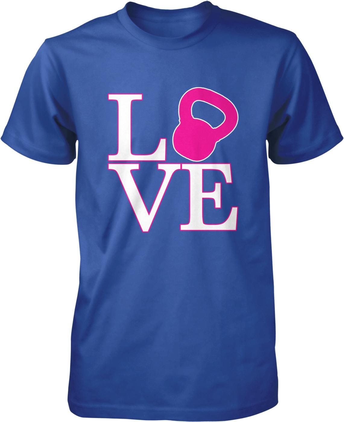 A blue t-shirt with the word "LOVE" printed on it, along with a pink kettlebell graphic.