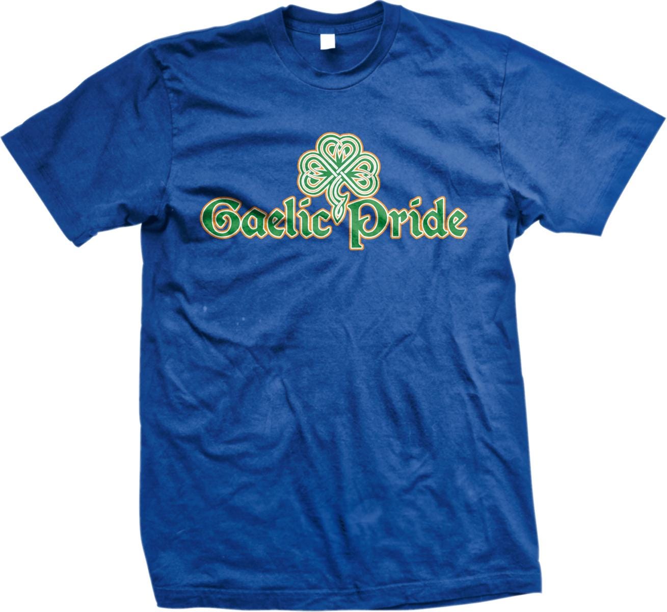 A blue t-shirt with the text "Gaelic Pride" printed on it.