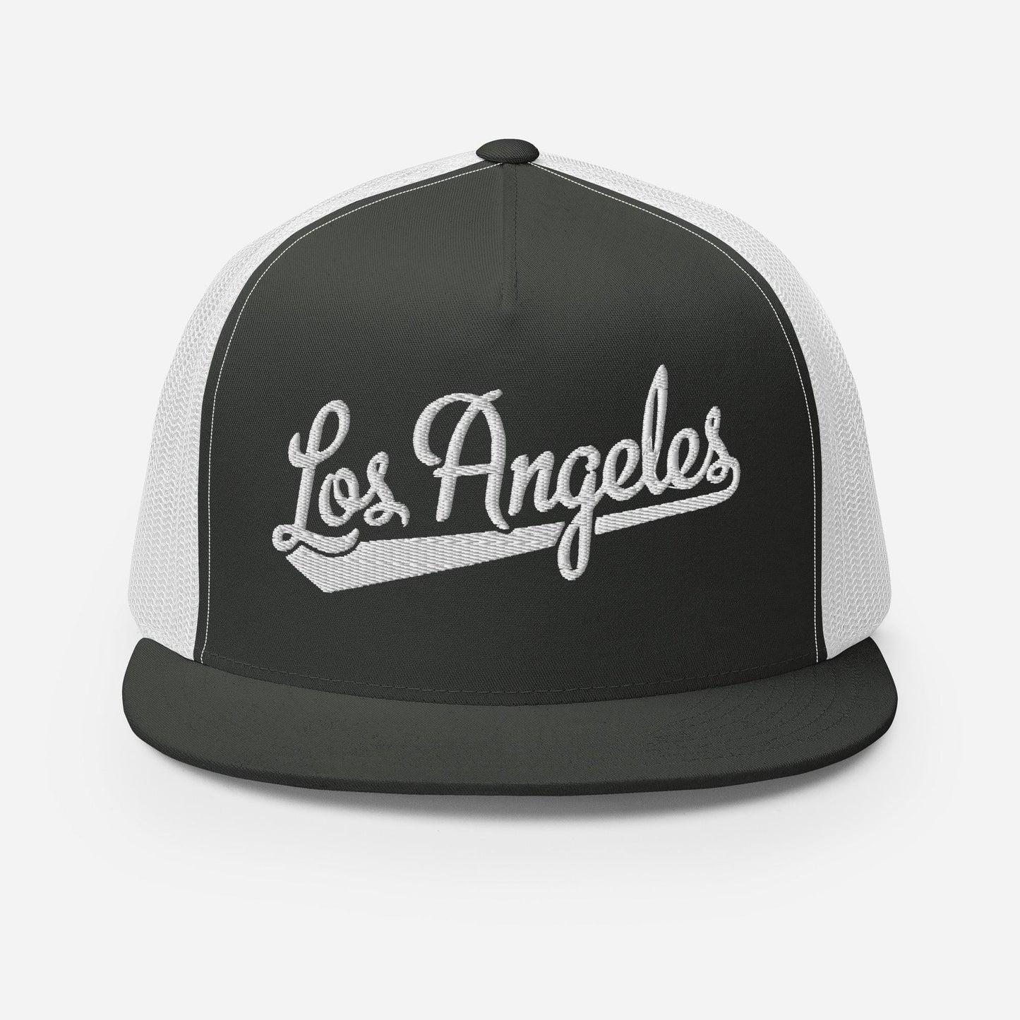 A black and white baseball cap with the text "Los Angeles" embroidered on it.