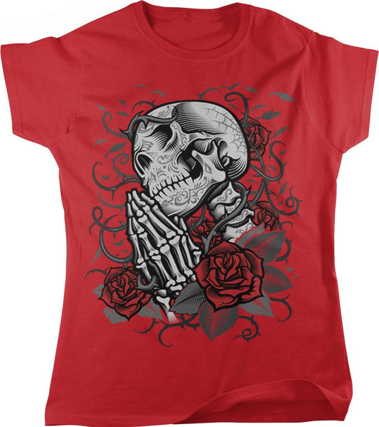 Dia De Muertos T-Shirt – Skeleton Womens Tee With Red Roses & Thorn Motif
