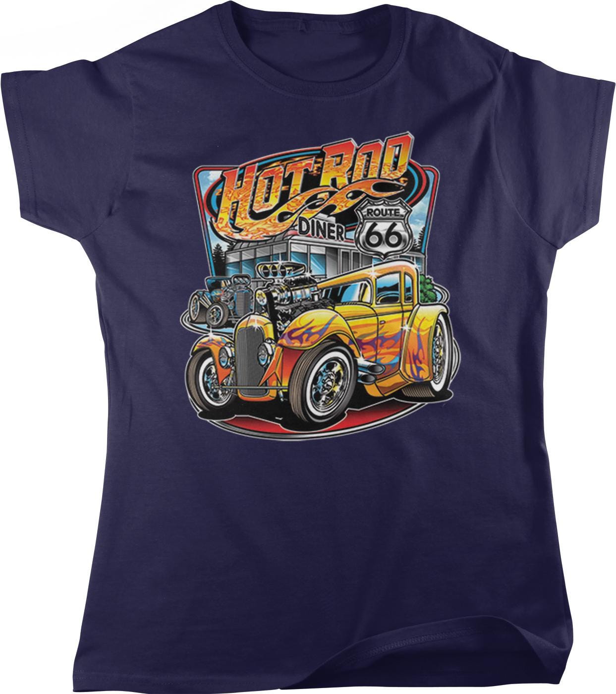 A graphic t-shirt design featuring a vintage-style car and a diner, with the text "Hotrood Diner 66" prominently displayed.