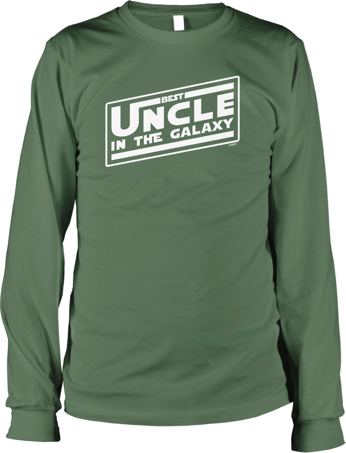 A green long-sleeved t-shirt with the text "Best Uncle in the Galaxy" printed on it.