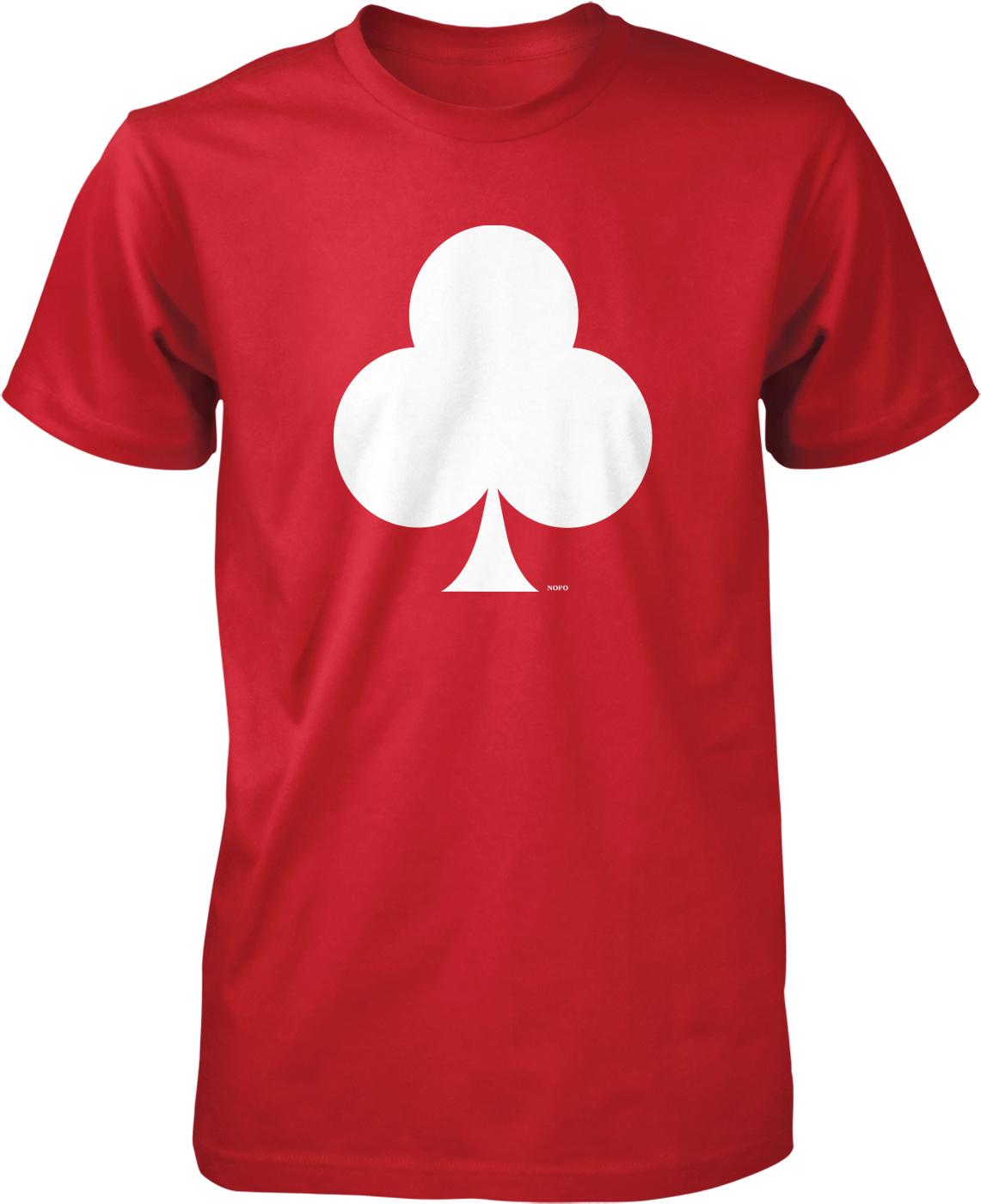A red t-shirt with a white logo of a three-leaf clover on it.