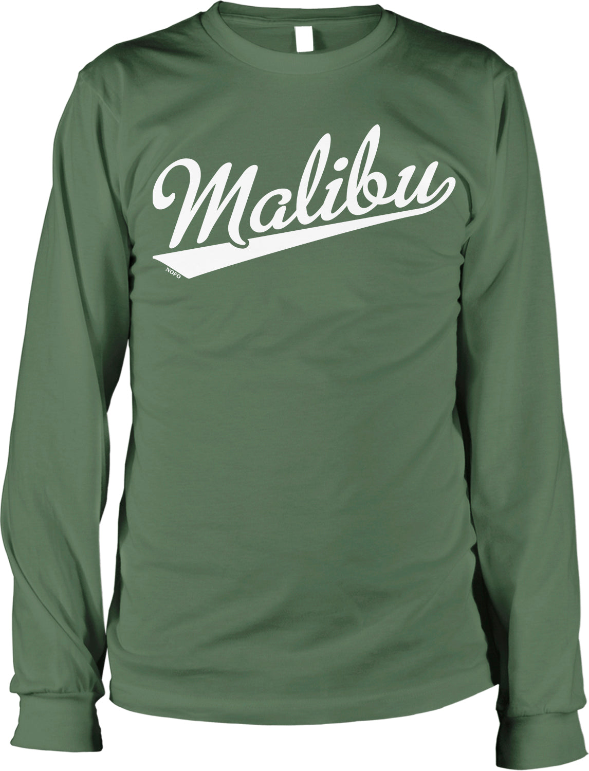 A green long-sleeved shirt with the word "Malibu" printed on it in white text.