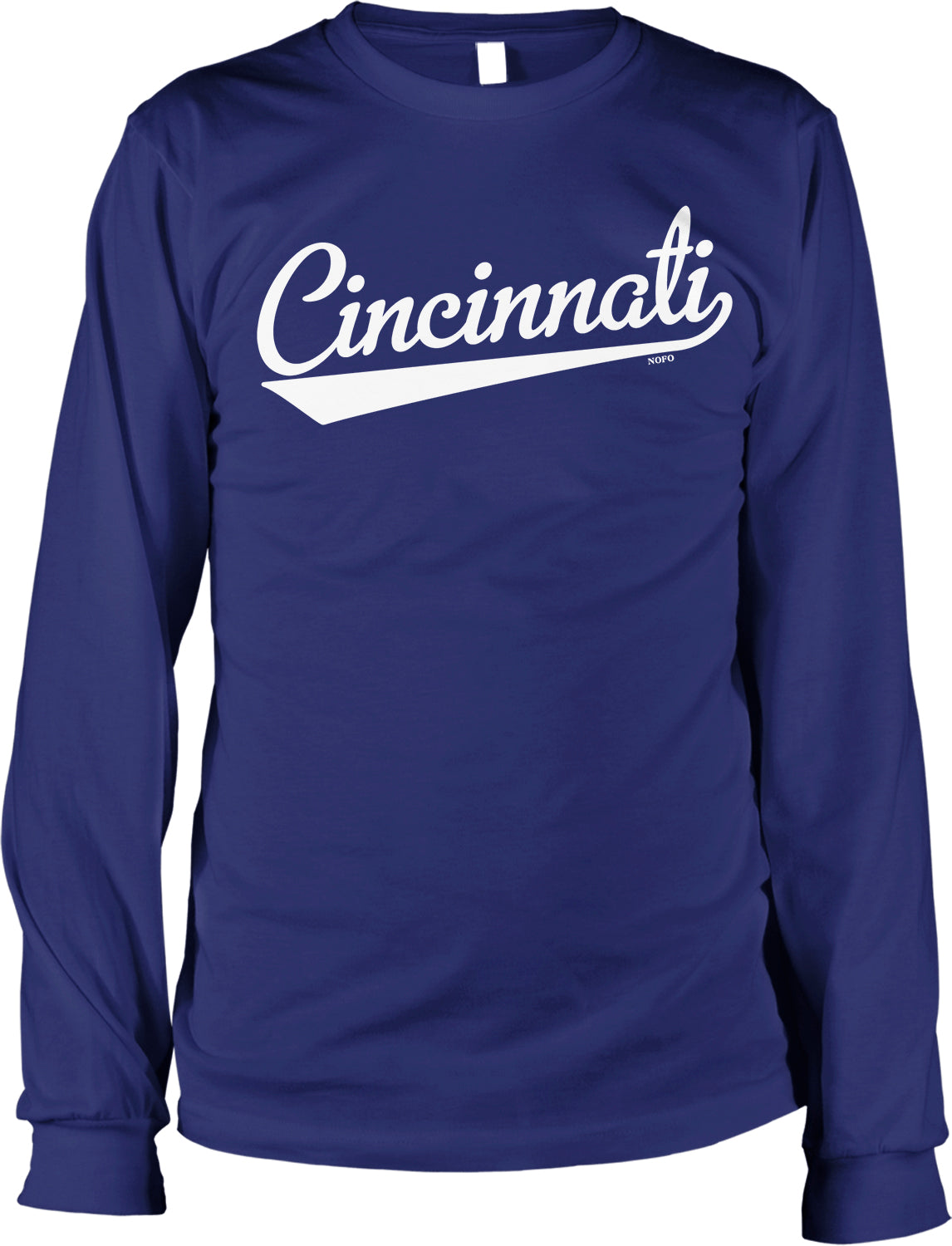 A navy blue long-sleeved shirt with the word "Cincinnati" printed in white on the front.