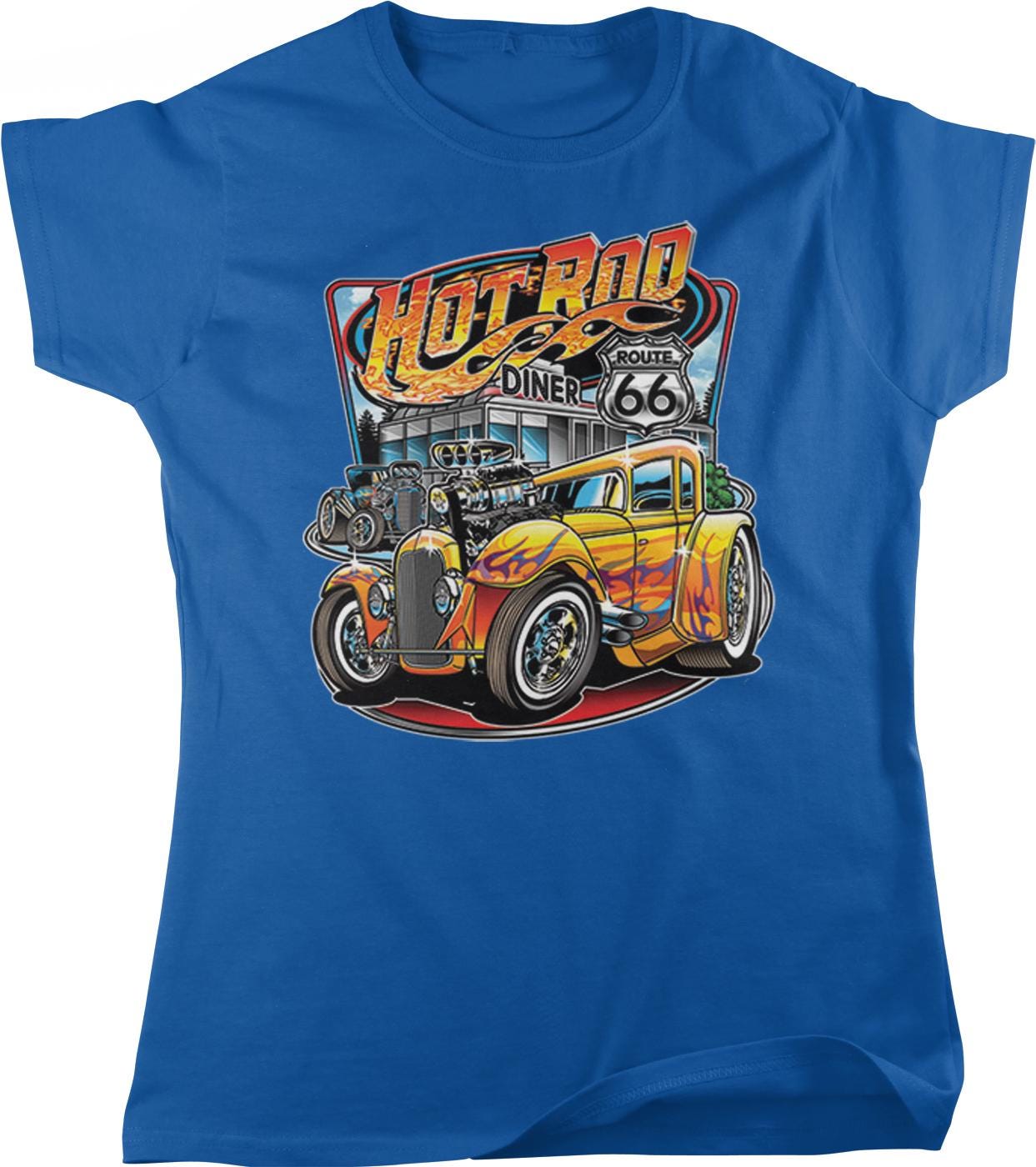 A blue t-shirt with a graphic design featuring a vintage car and a diner, along with the text "Hotrood Diner 66".