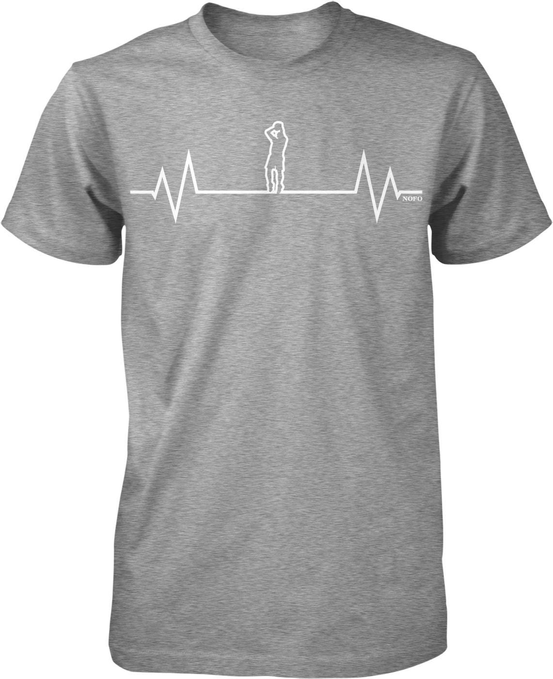 A gray t-shirt with a white line graphic depicting a silhouette of a person and a heart-shaped line representing a heartbeat.
