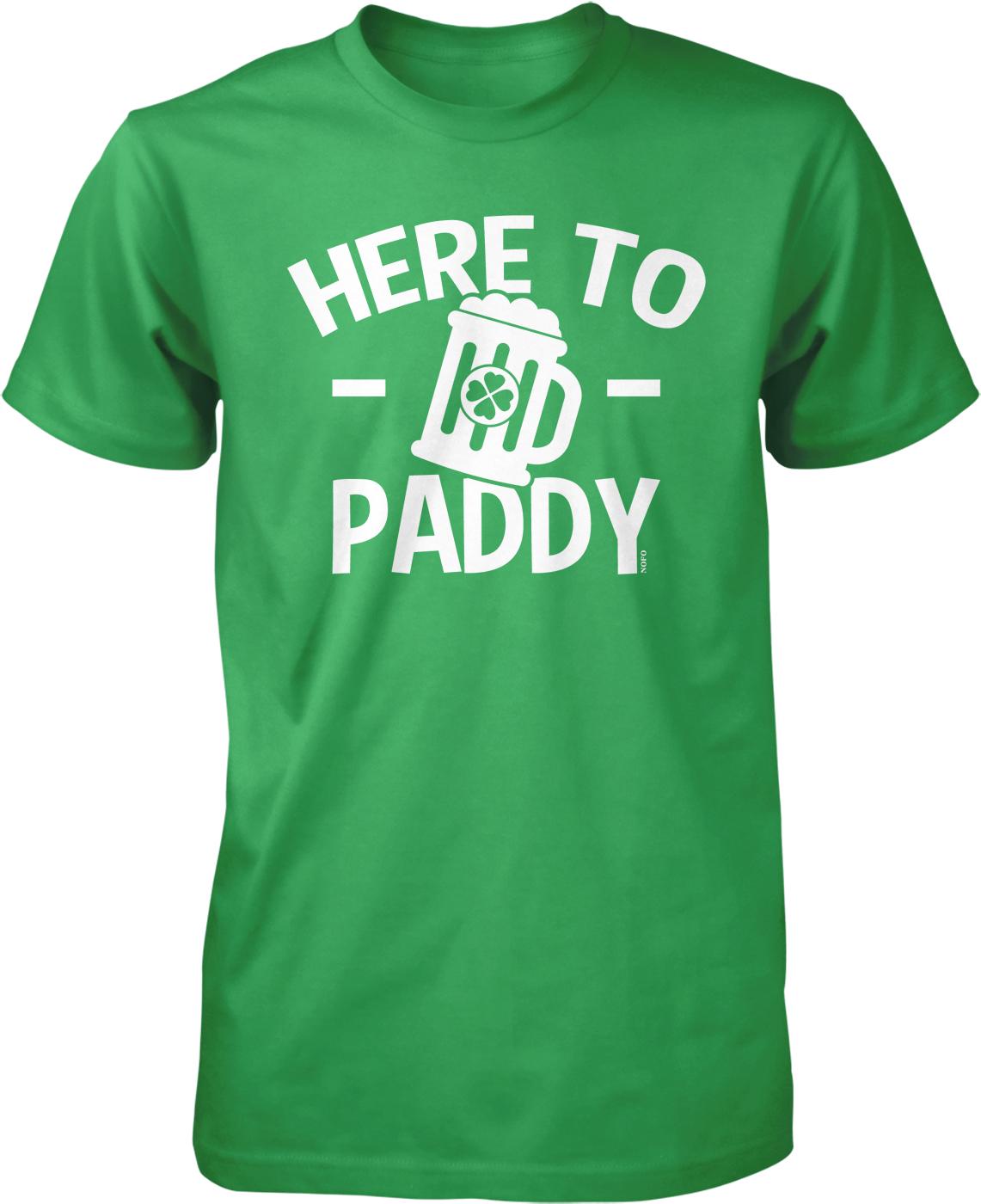 A green t-shirt with the text "HERE TO PADDY" printed on it.