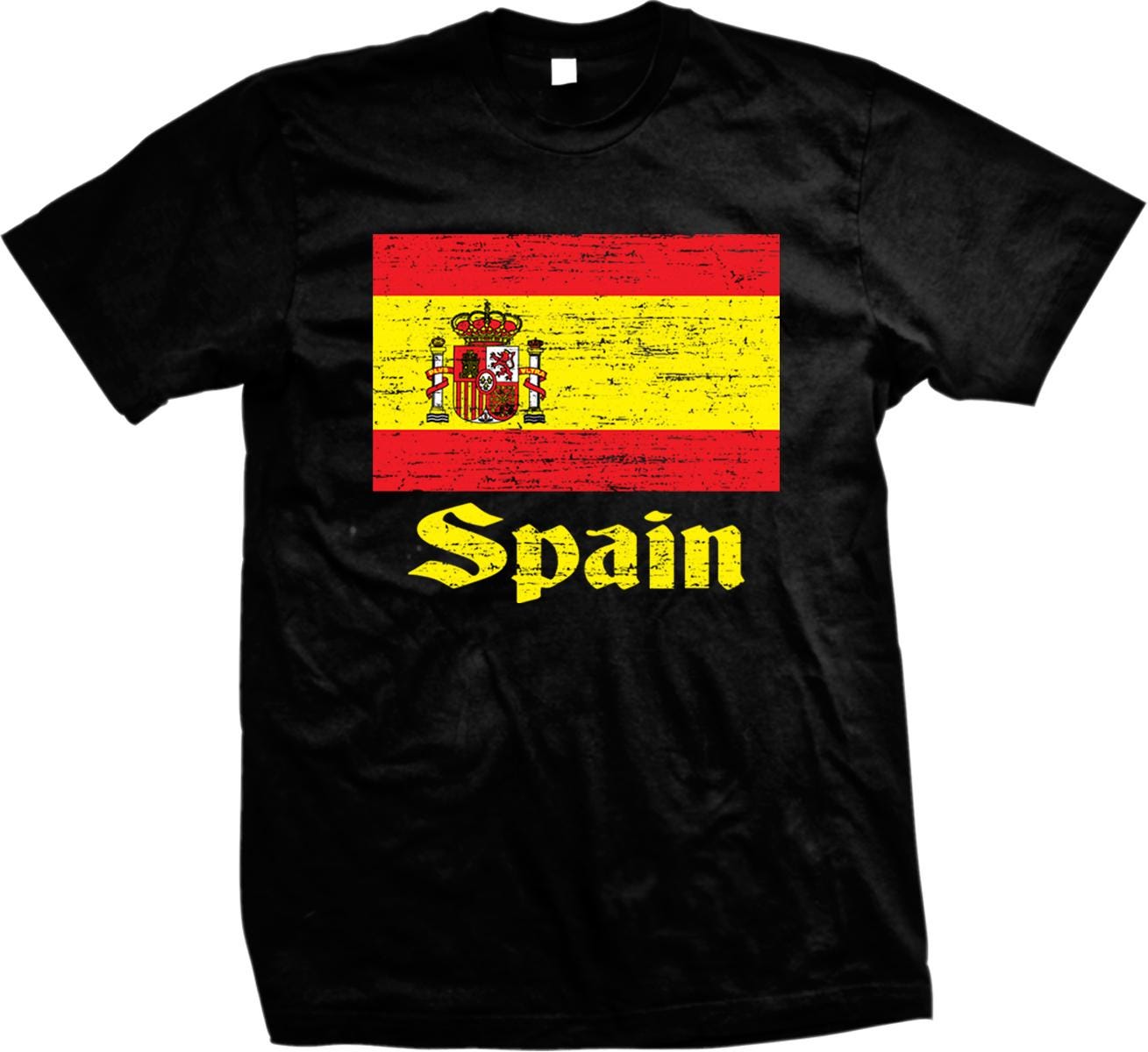 A black t-shirt with a graphic design depicting the flag of Spain and the word "Spanish" written below it.