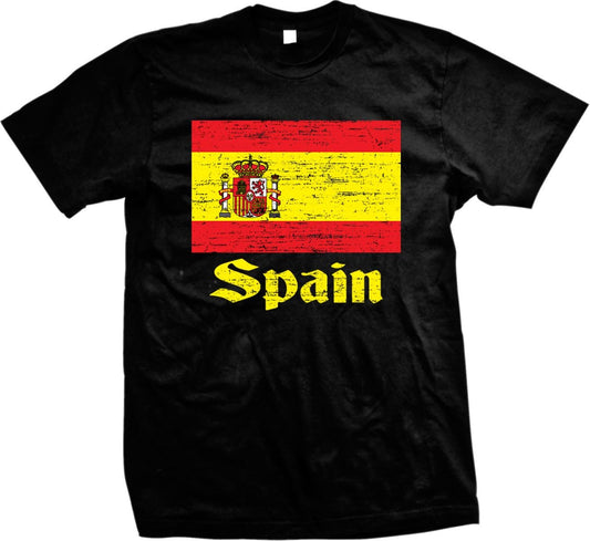 A black t-shirt with a graphic design depicting the flag of Spain and the word "Spanish" written below it.