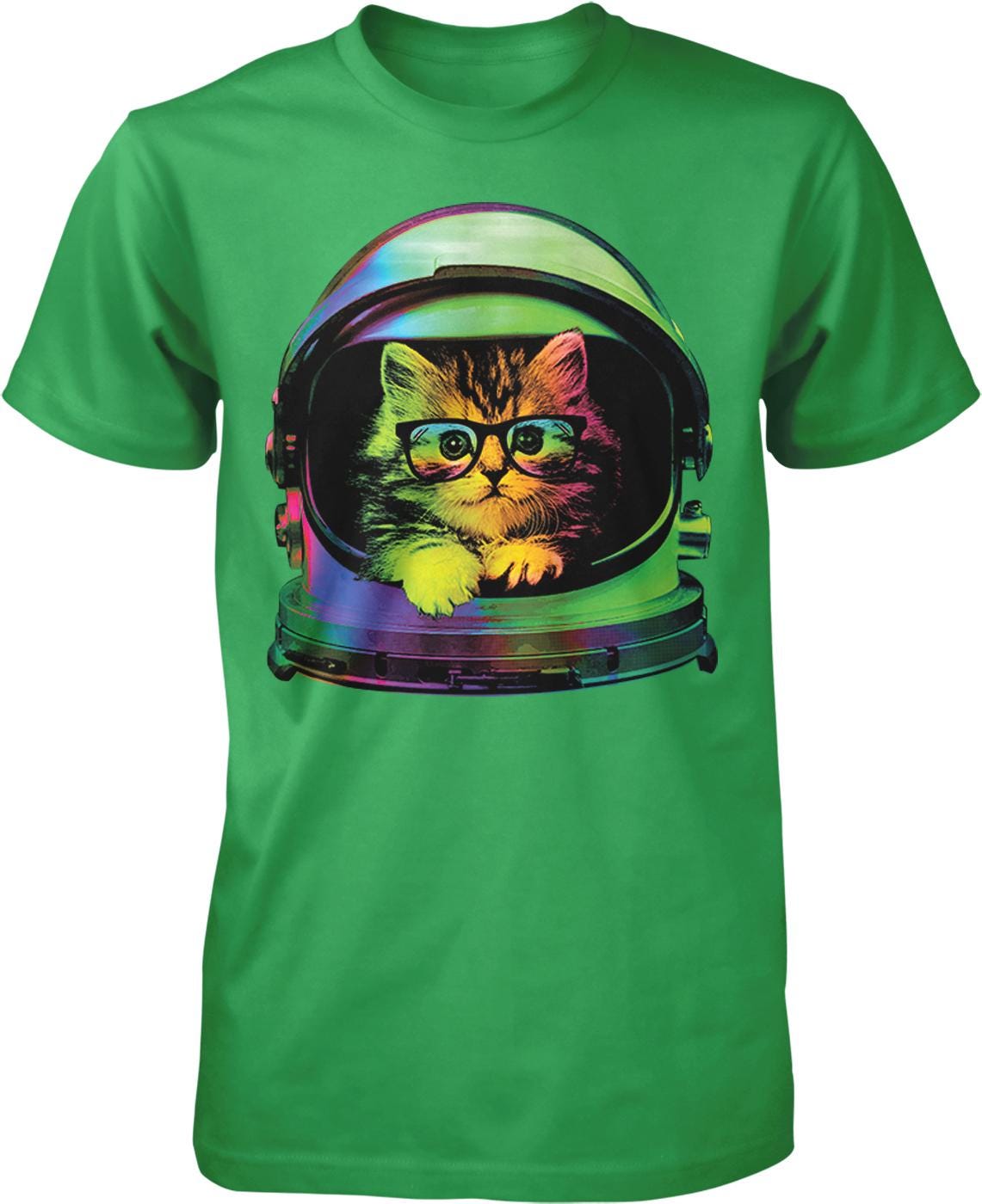 A green t-shirt with a colorful graphic of a cat wearing a space helmet and glasses.