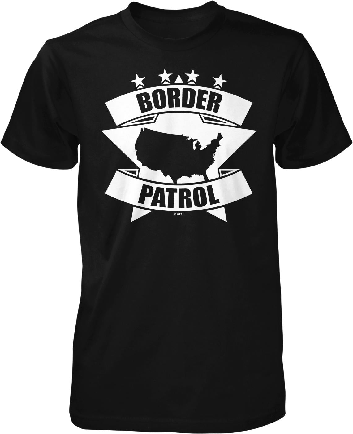 A black t-shirt with a graphic design featuring a silhouette of the United States and the text "BORDER PATROL" along with stars.