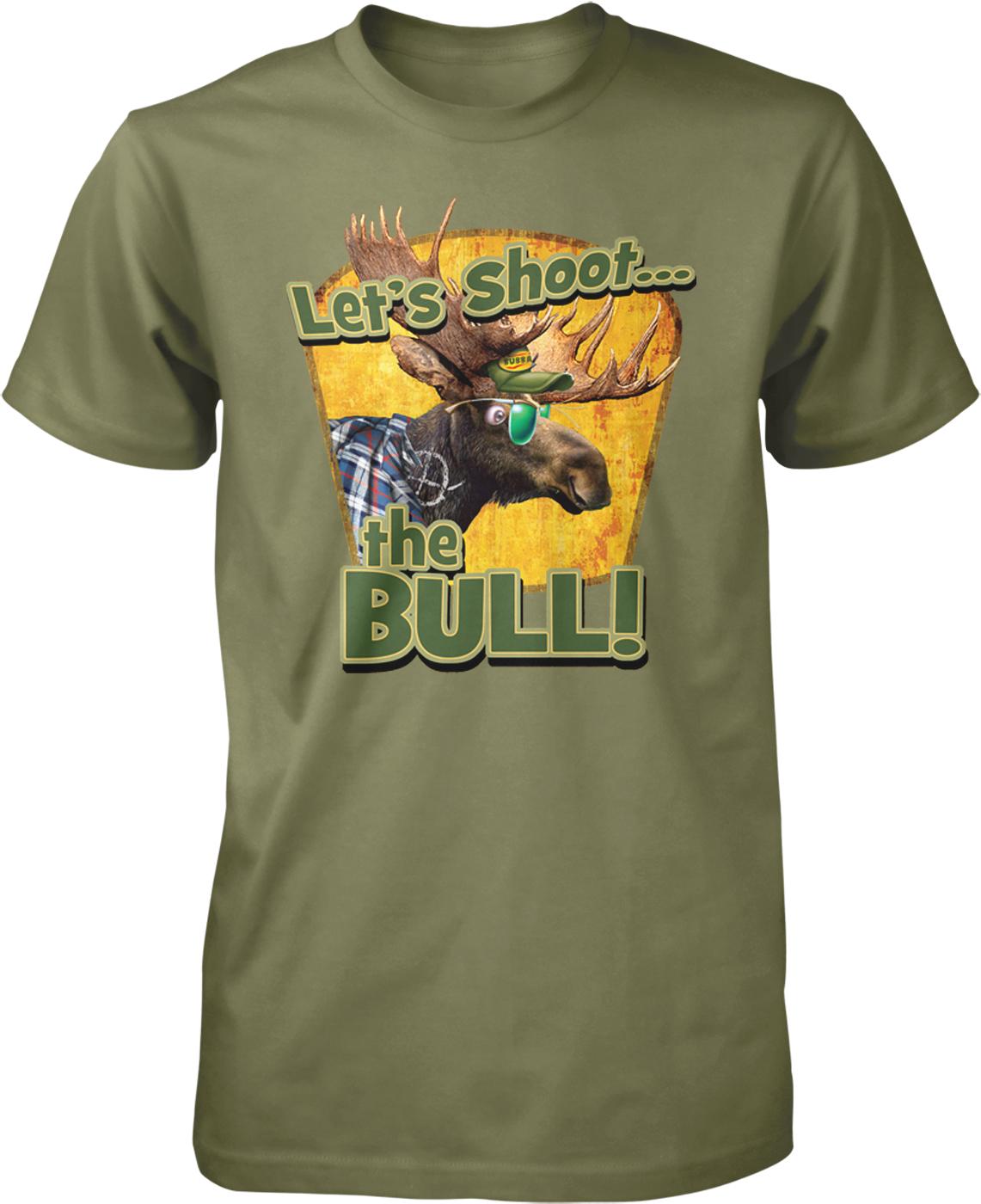 A green t-shirt with a graphic design featuring a moose wearing sunglasses and the text "Let's Shoot... the Bull!"