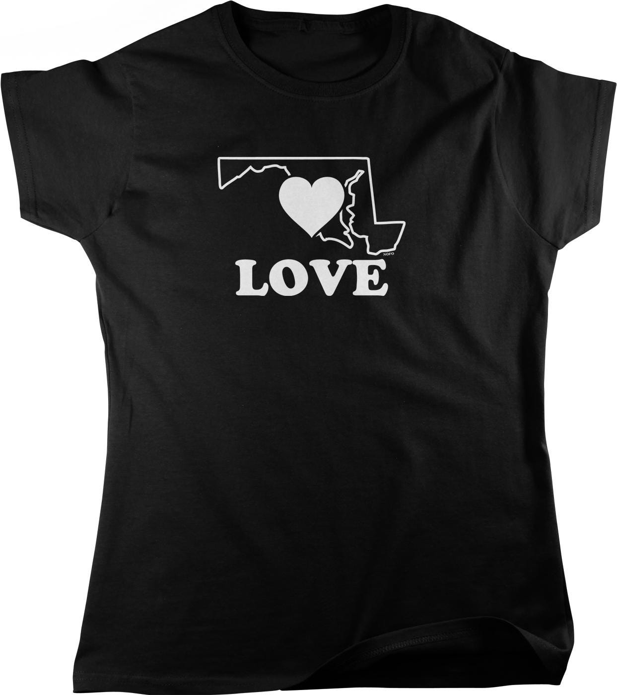 A black t-shirt with a white graphic design that says "LOVE" and features a heart shape.