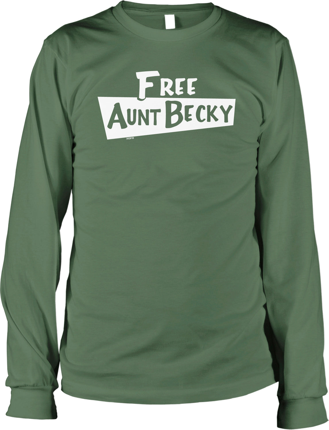 A green long-sleeved t-shirt with the text "Free Aunt Becky" printed on it.