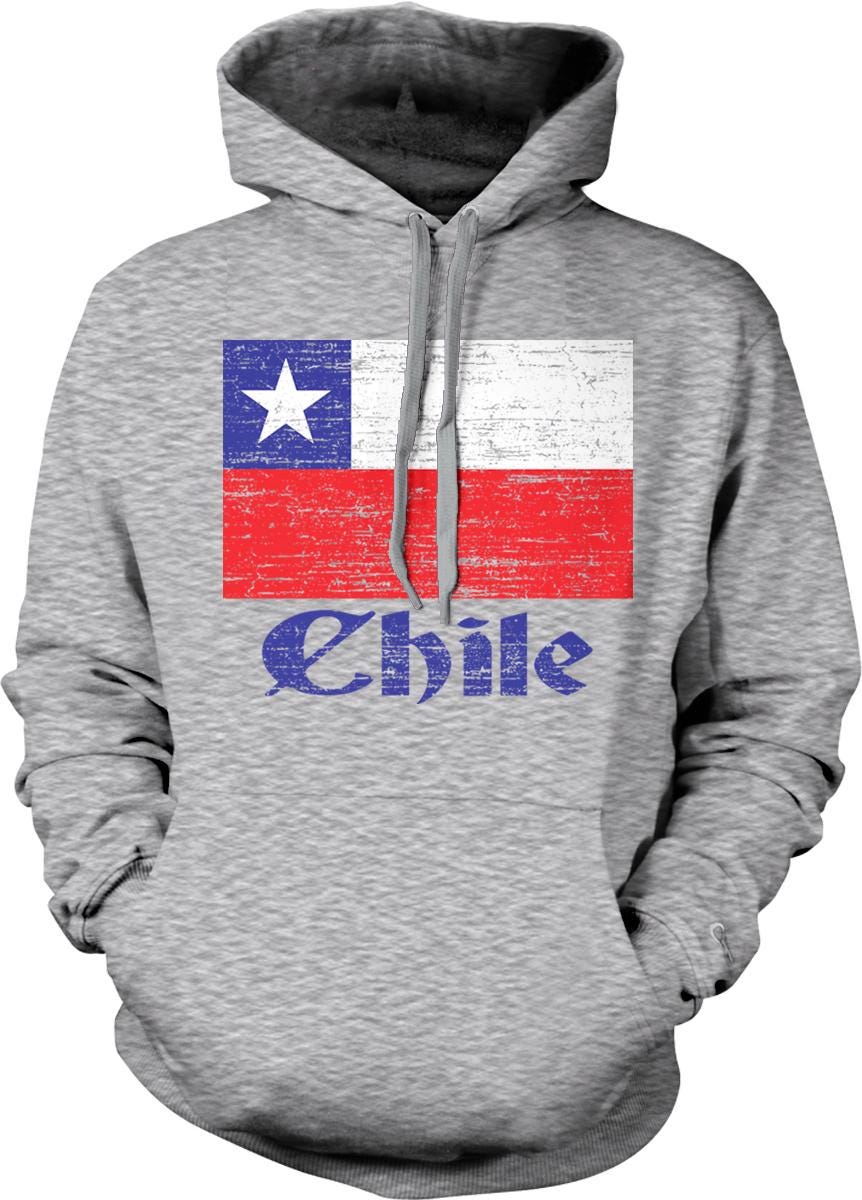A grey hoodie with a graphic of the flag of Chile and the word "Chile" printed on it.
