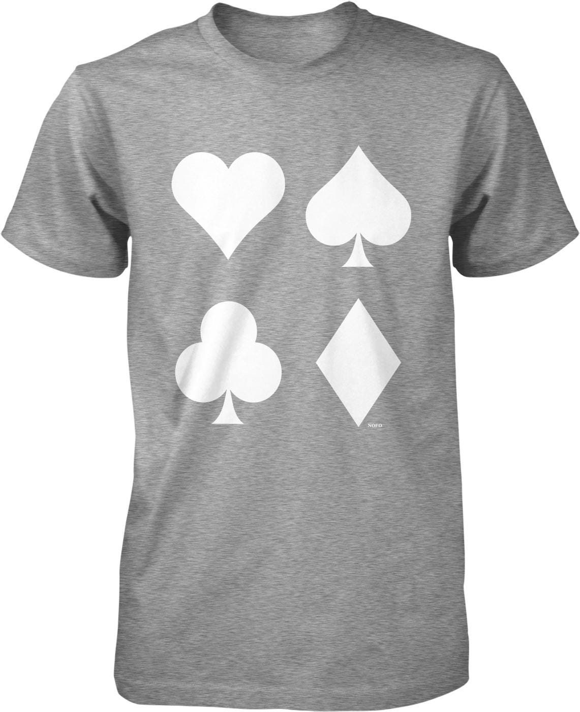 A gray t-shirt with four white playing card symbols printed on it.