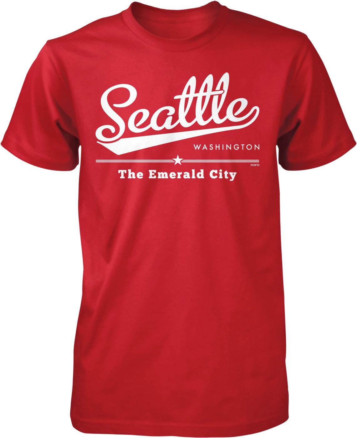 A red T-shirt with white text and graphics that reads "Seattle Washington The Emerald City".