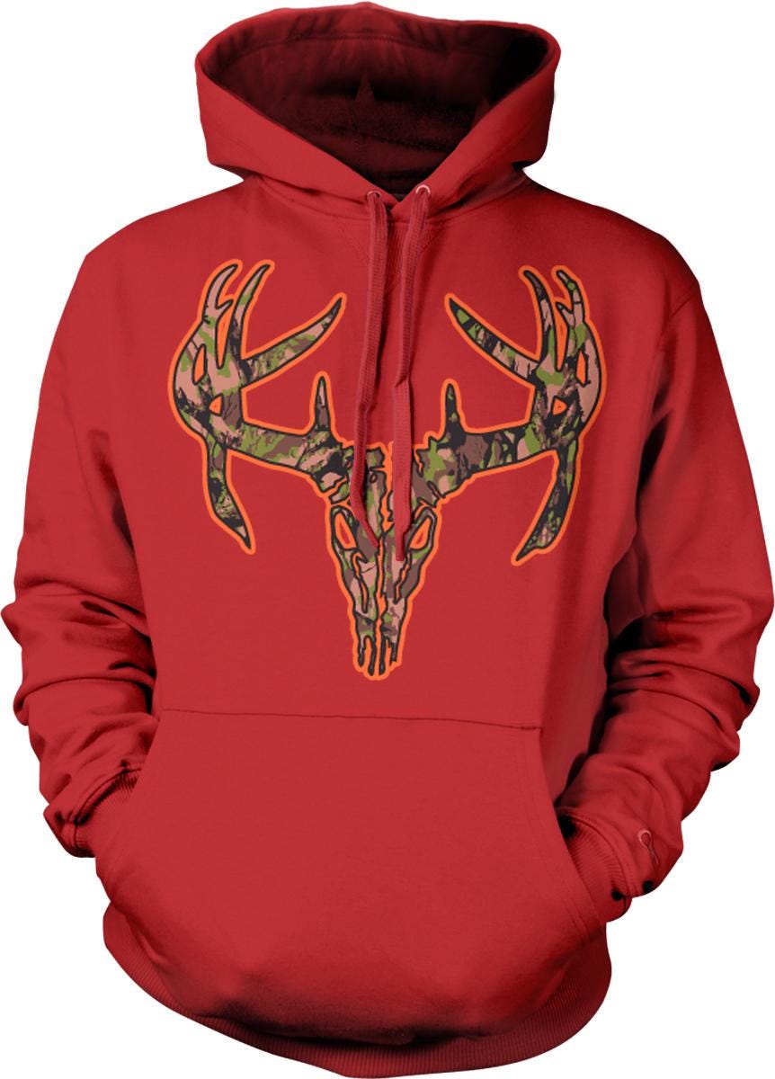 A red hoodie with a camouflage deer skull design on the front.
